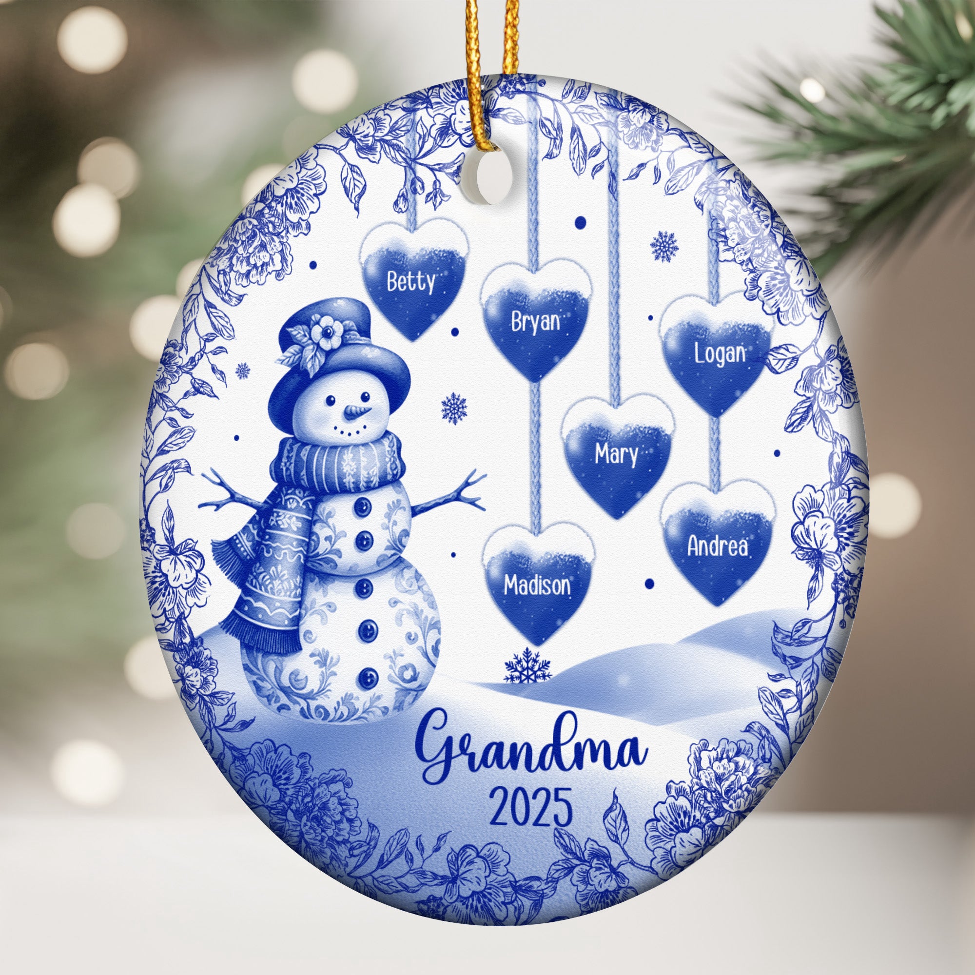 Grandma Snowman Christmas Toile De Jouy - Personalized Ceramic Ornament