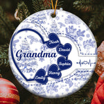 Grandma With Hearts Grandkids' Names - Toile De Jouy Style - Personalized Two-Sided Ceramic Ornament