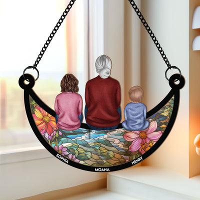 Grandma & Children On The Moon - Personalized Window Hanging Suncatcher Ornament - Gift For Grandma