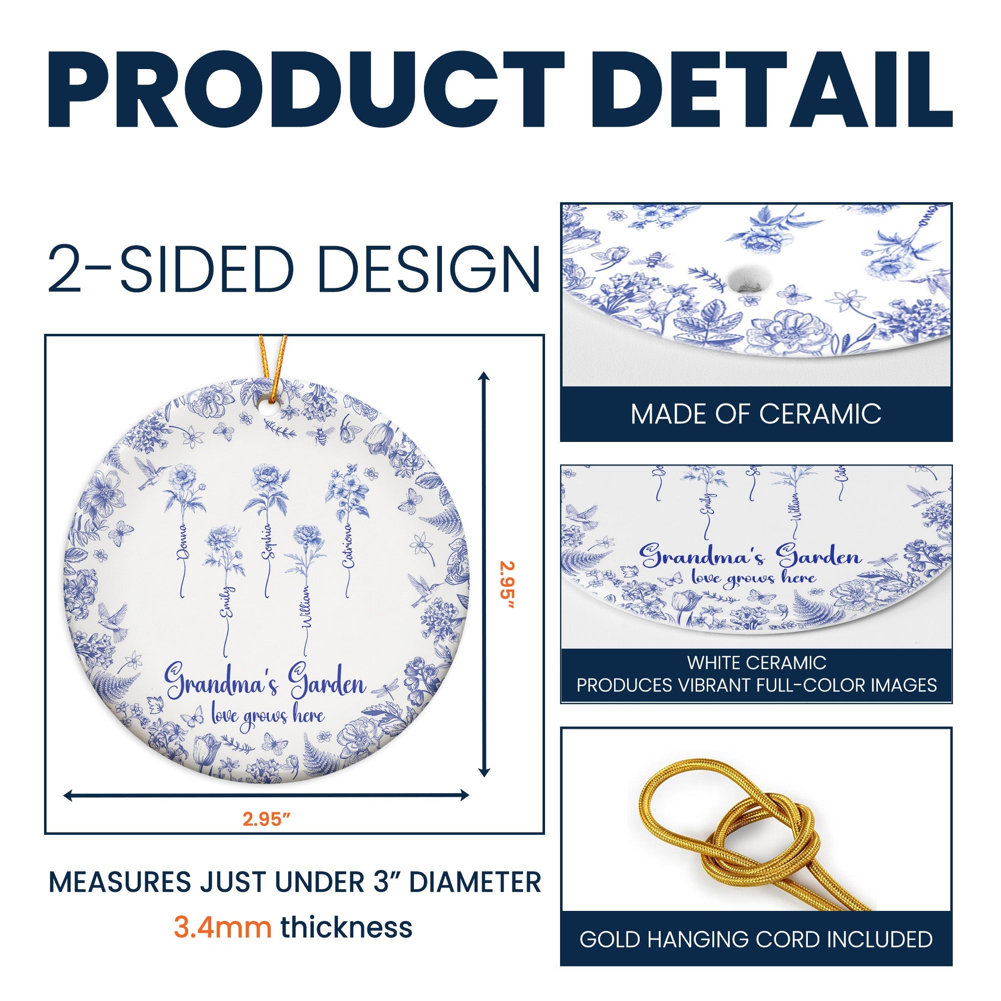 Grandma's Garden Toile De Jouy Custom Birth Flower Grandkids Names - Personalized Ceramic Ornament