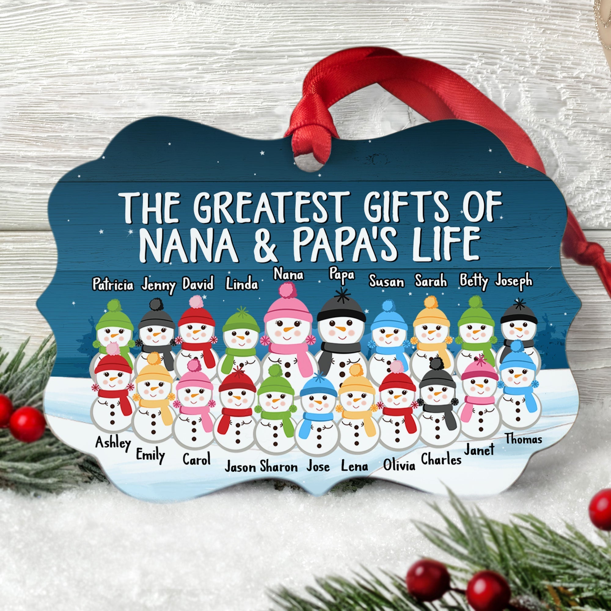 Greatest Gift Of Nana & Papa's Life - Personalized Aluminum Ornament - Snowman Family