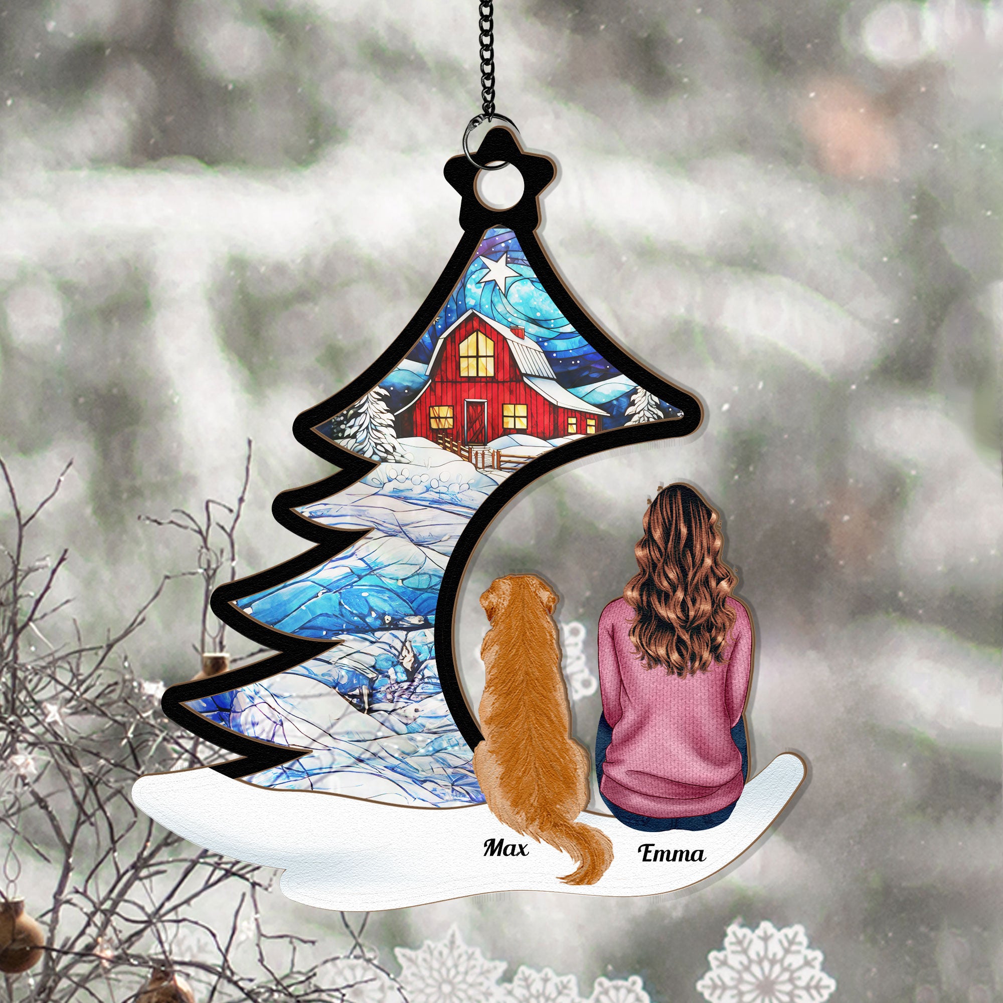 Happily-Sitting-With-Dogs_-Cats-Under-Christmas-Tree-Personalized-Suncatcher-Ornament_1