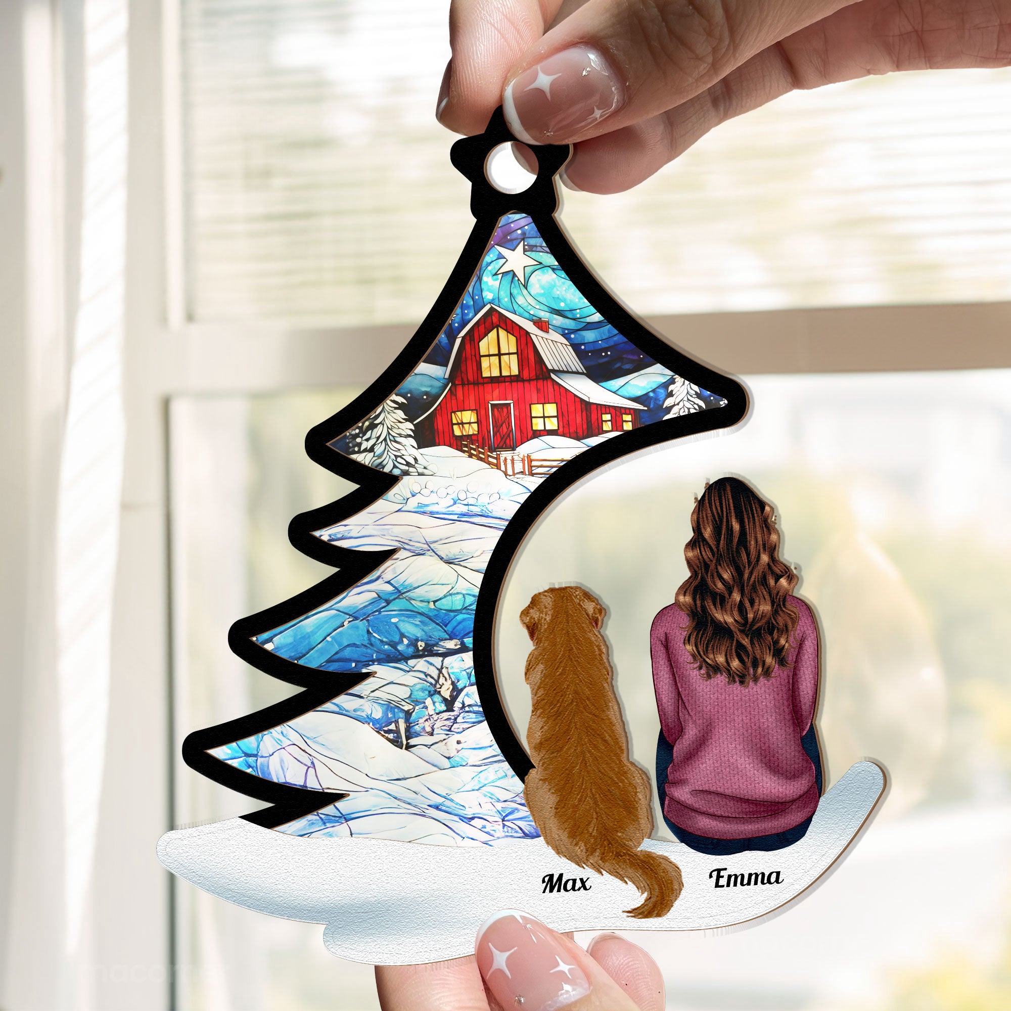 Happily-Sitting-With-Dogs_-Cats-Under-Christmas-Tree-Personalized-Suncatcher-Ornament_2