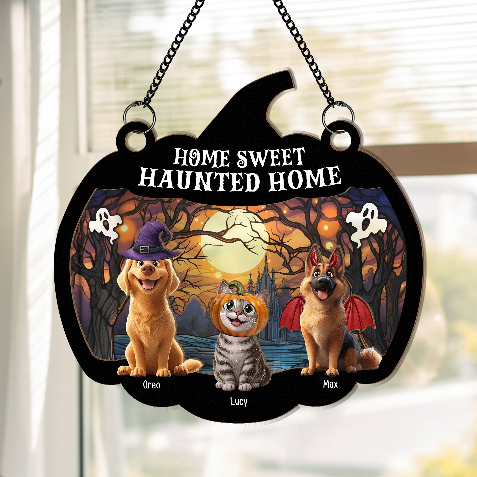 Happy Halloween Home Sweet Haunted Home - Personalized Window Hanging Suncatcher Ornament