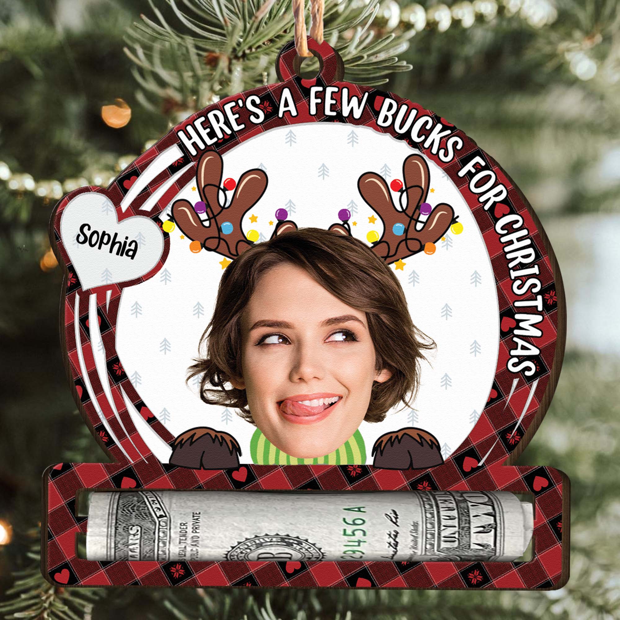 Here's A Few Bucks For Christmas - Personalized Wooden Photo Ornament