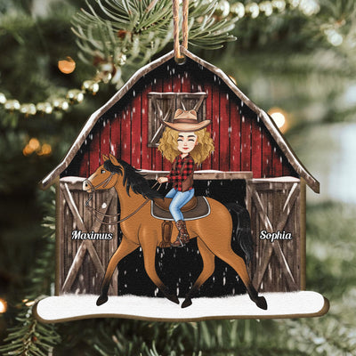 Horse Lovers Girl Riding Horse Red Xmas Barn - Personalized Wooden Ornament