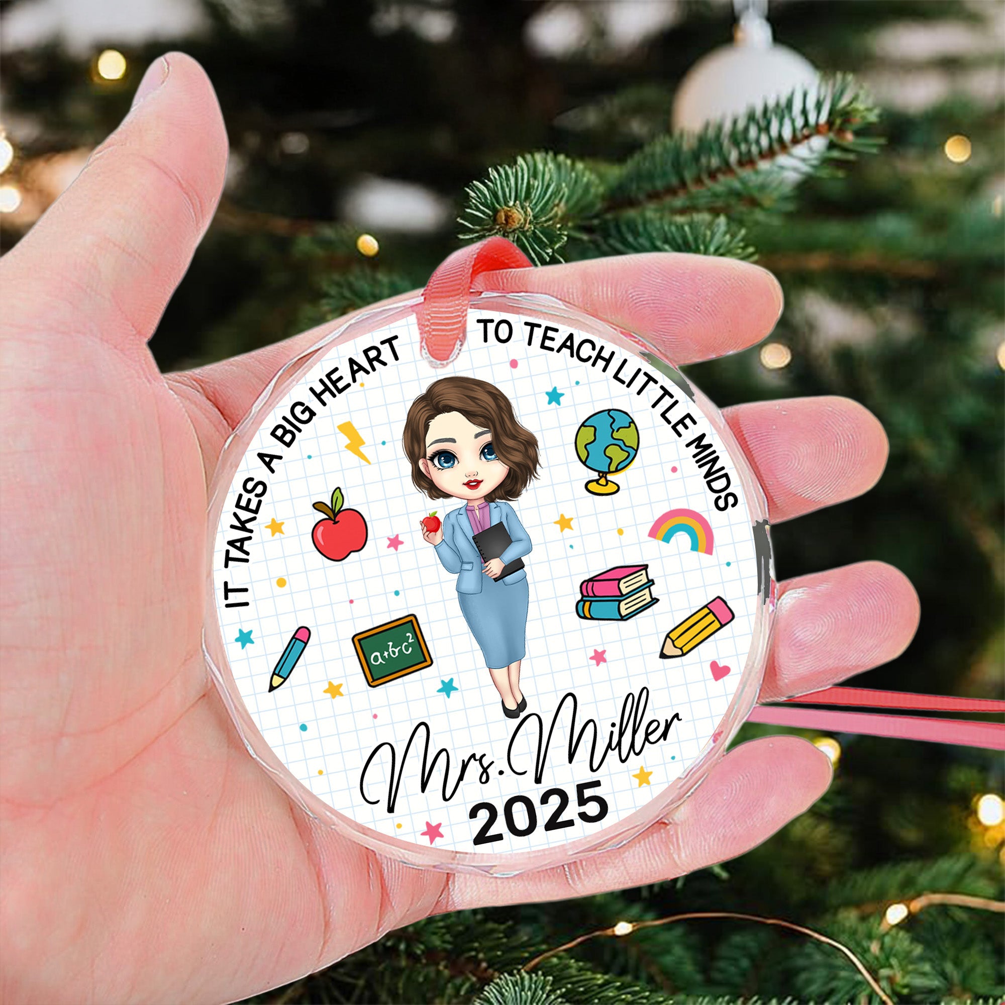 It Takes A Big Heart To Teach Little Minds - Personalized Glass Ornament