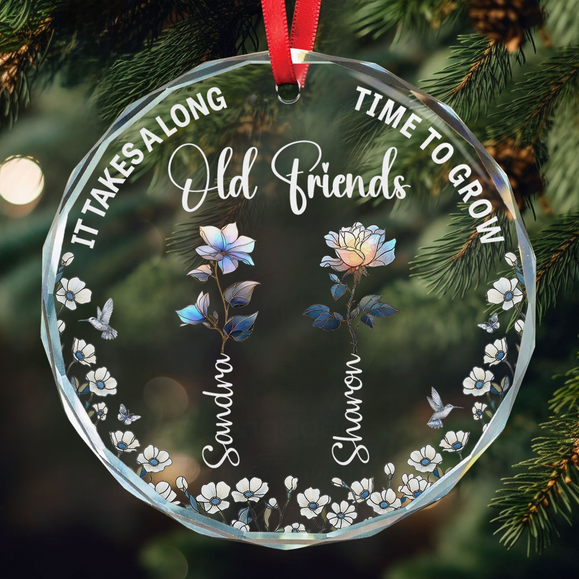 It Takes A Long Time To Grow Old Friends Birth Flowers - Personalized Glass Ornament