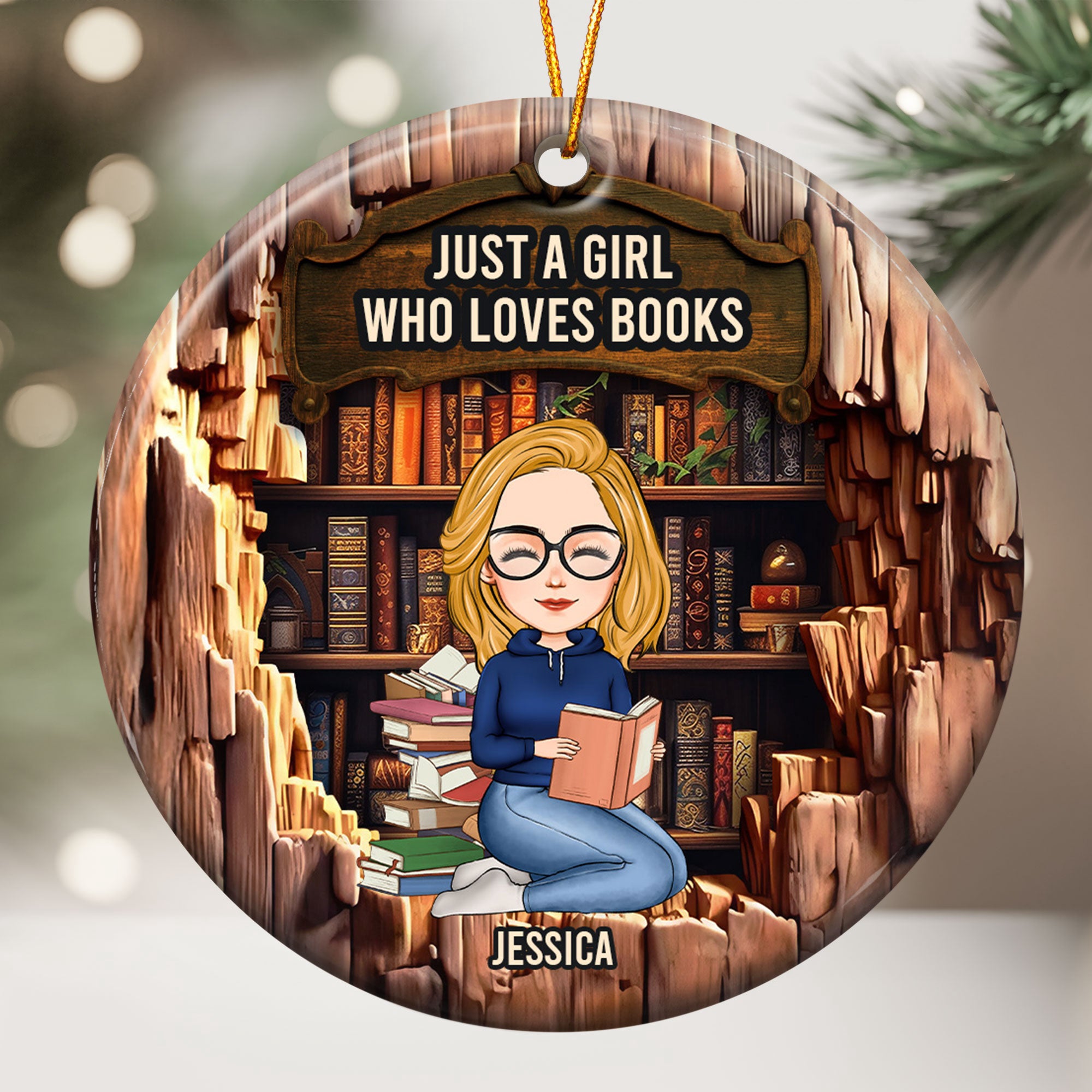 Just A Girl Who Loves Books - Wood Effect - Personalized Ceramic Ornament - Christmas Gift For Daughter