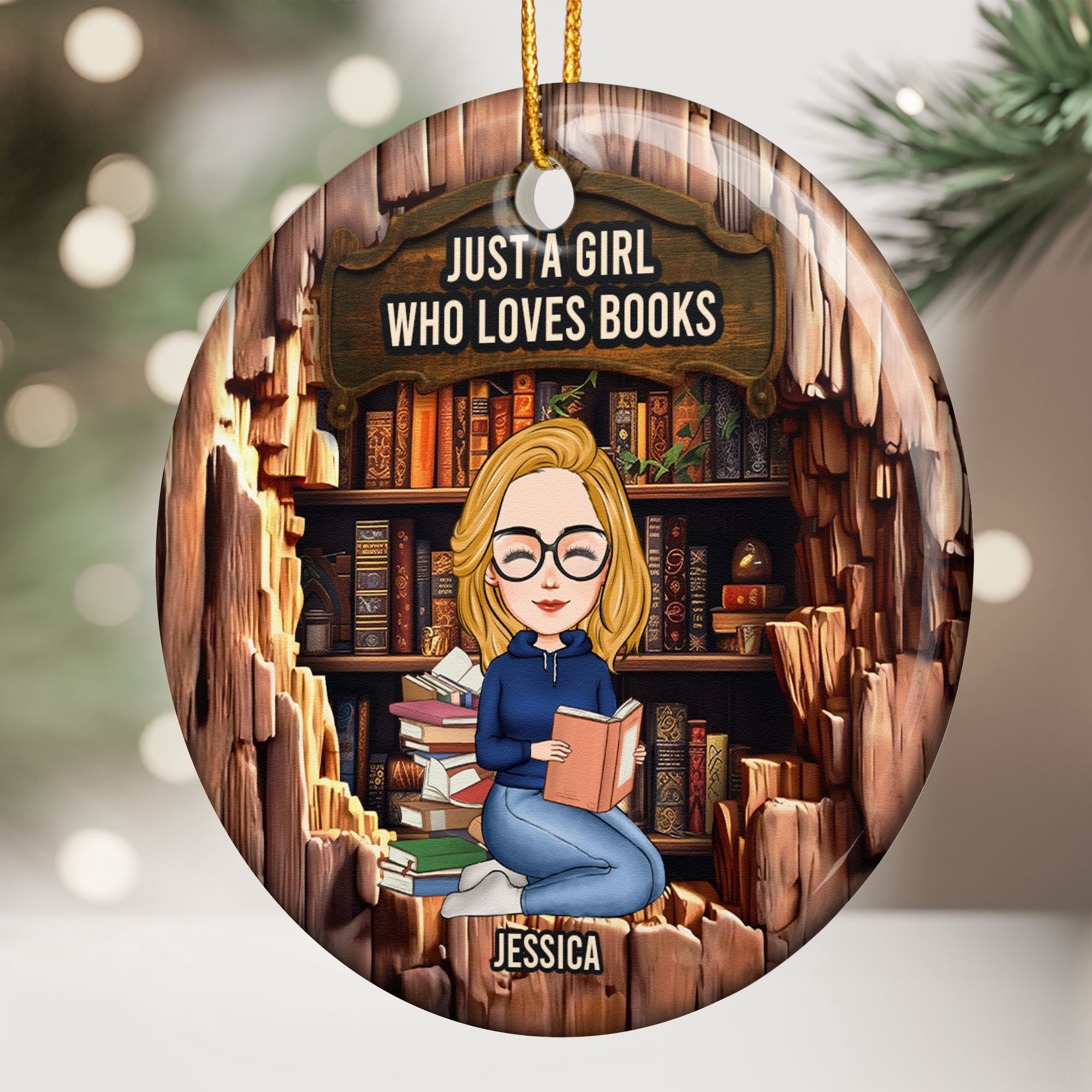 Just A Girl Who Loves Books - Wood Effect - Personalized Ceramic Ornament - Christmas Gift For Daughter