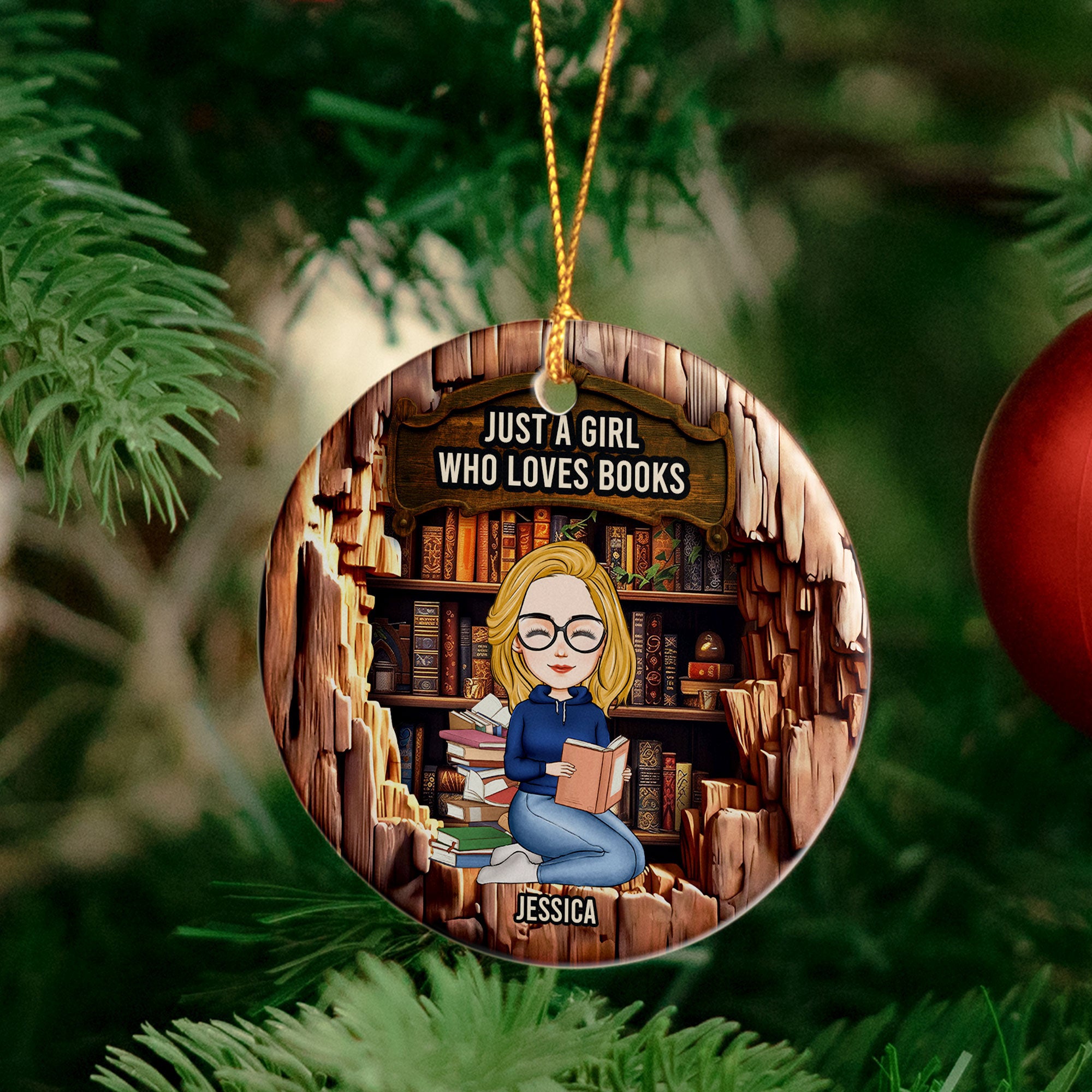 Just A Girl Who Loves Books - Wood Effect - Personalized Ceramic Ornament - Christmas Gift For Daughter