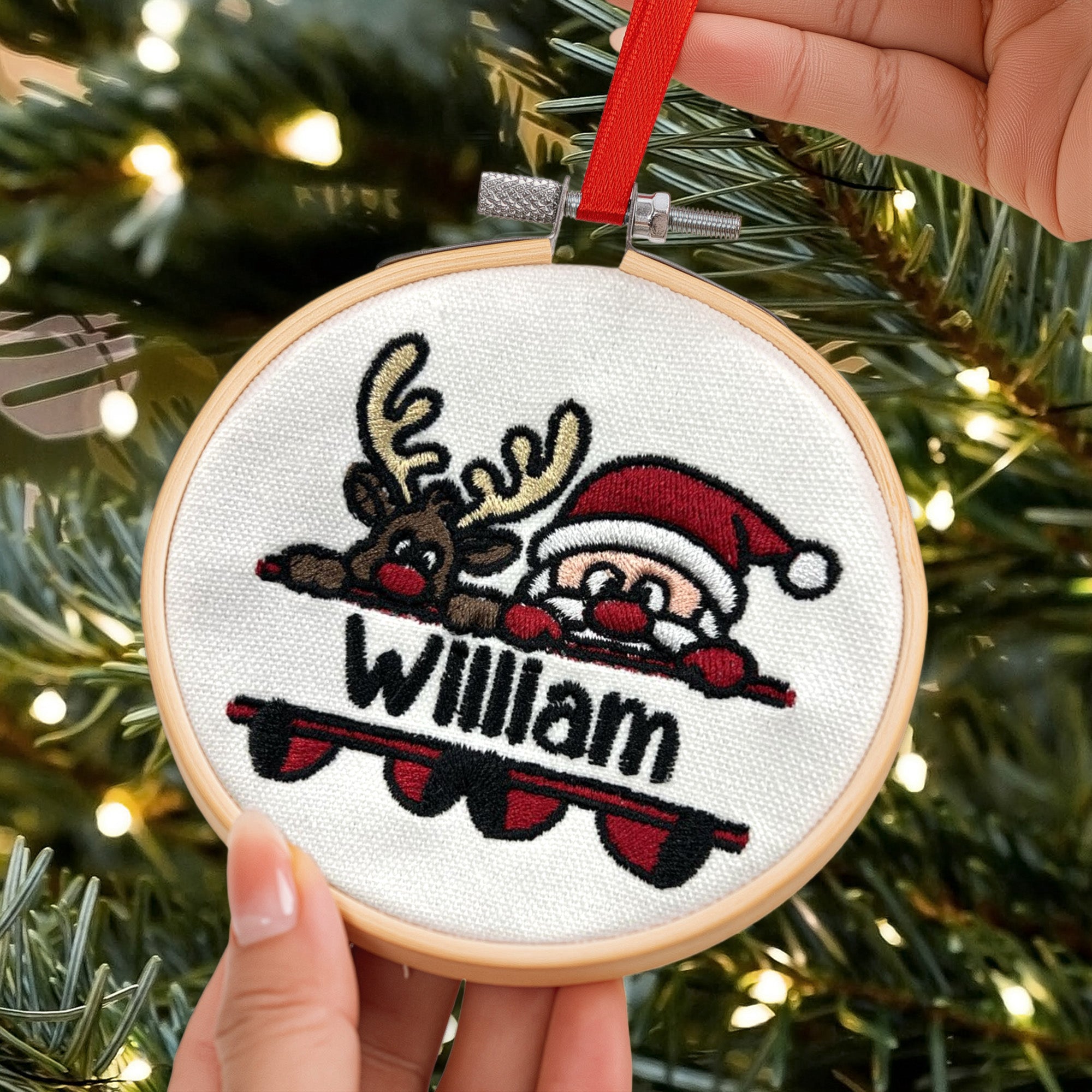 Kid Name Santa And Reindeer - Personalized Embroidered Ornament