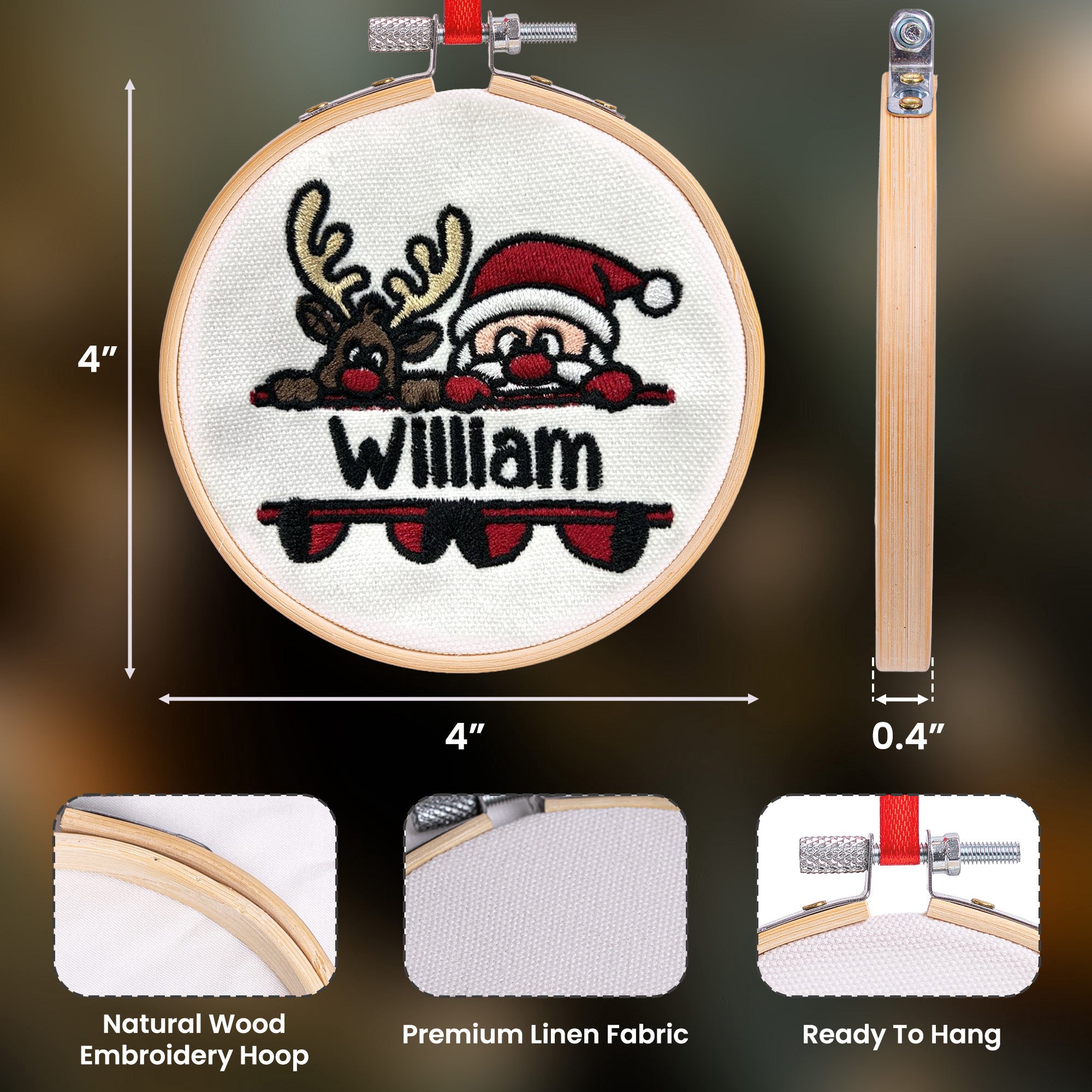 Kid Name Santa And Reindeer - Personalized Embroidered Ornament