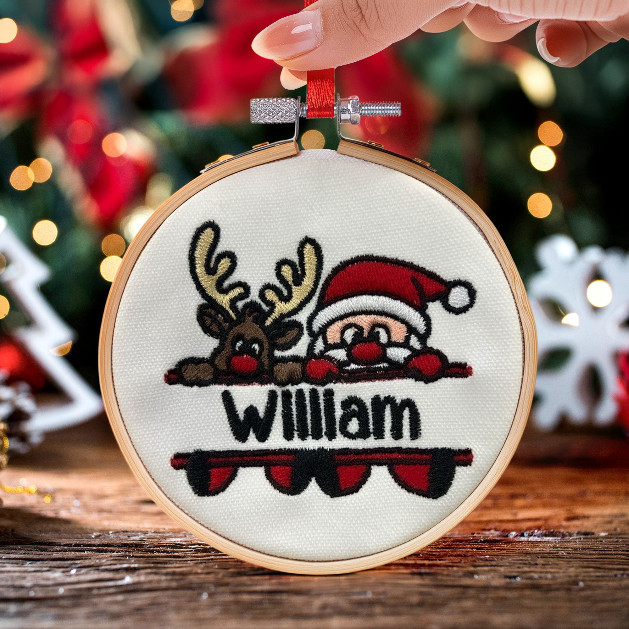 Kid Name Santa And Reindeer - Personalized Embroidered Ornament