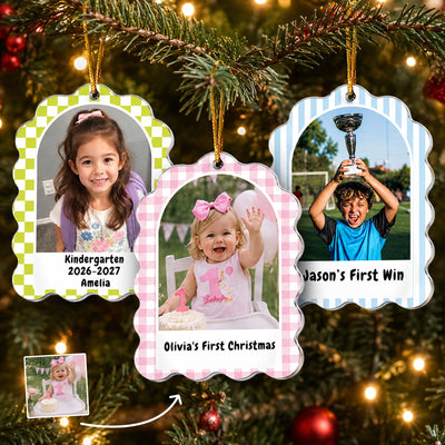 Kid Milestone Custom Photo With Pattern Border - Personalized Ornament