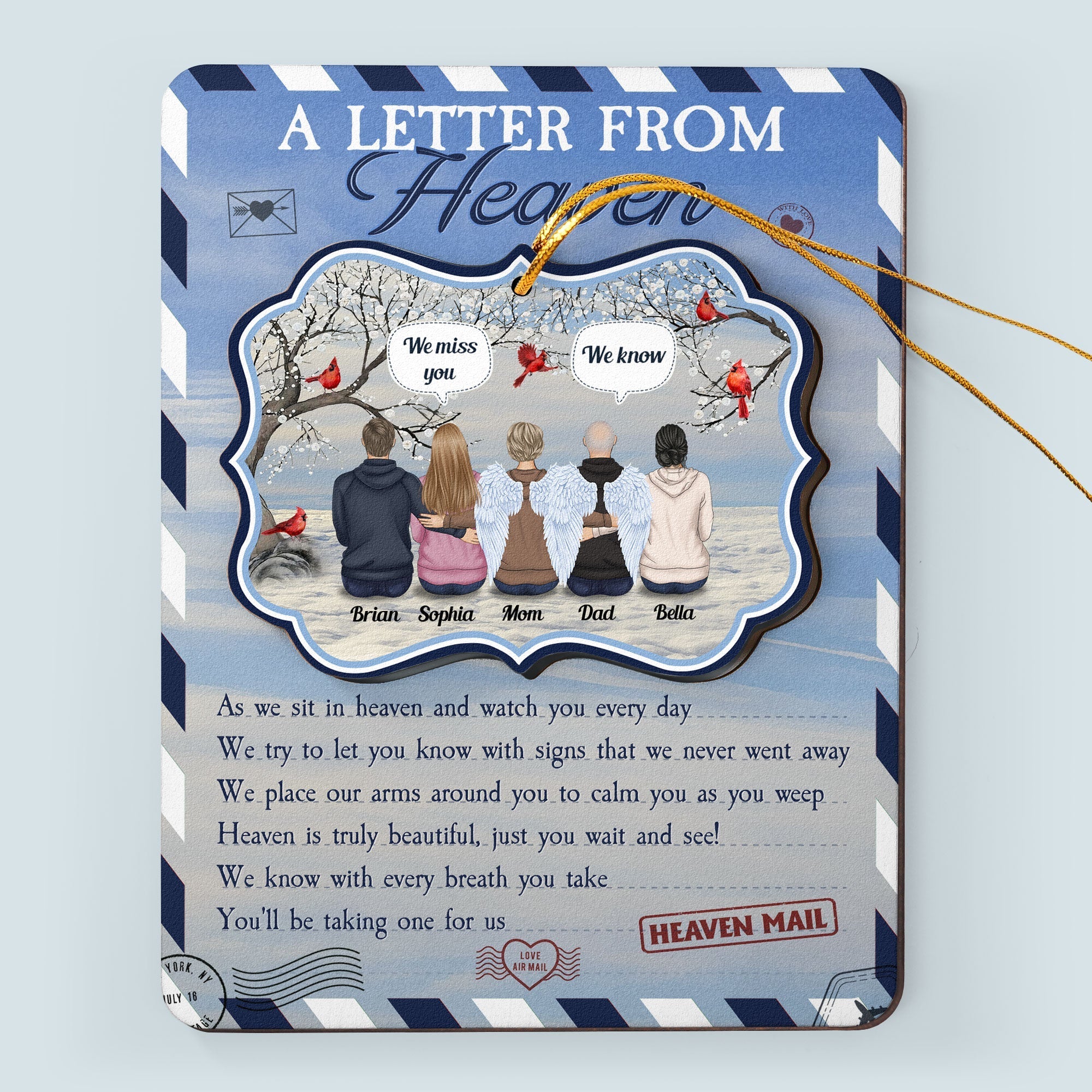 Letter From Heaven - Personalized Christmas Wooden Card With Pop Out Ornament - Memorial Gift For Brothers, Sisters, Family Members