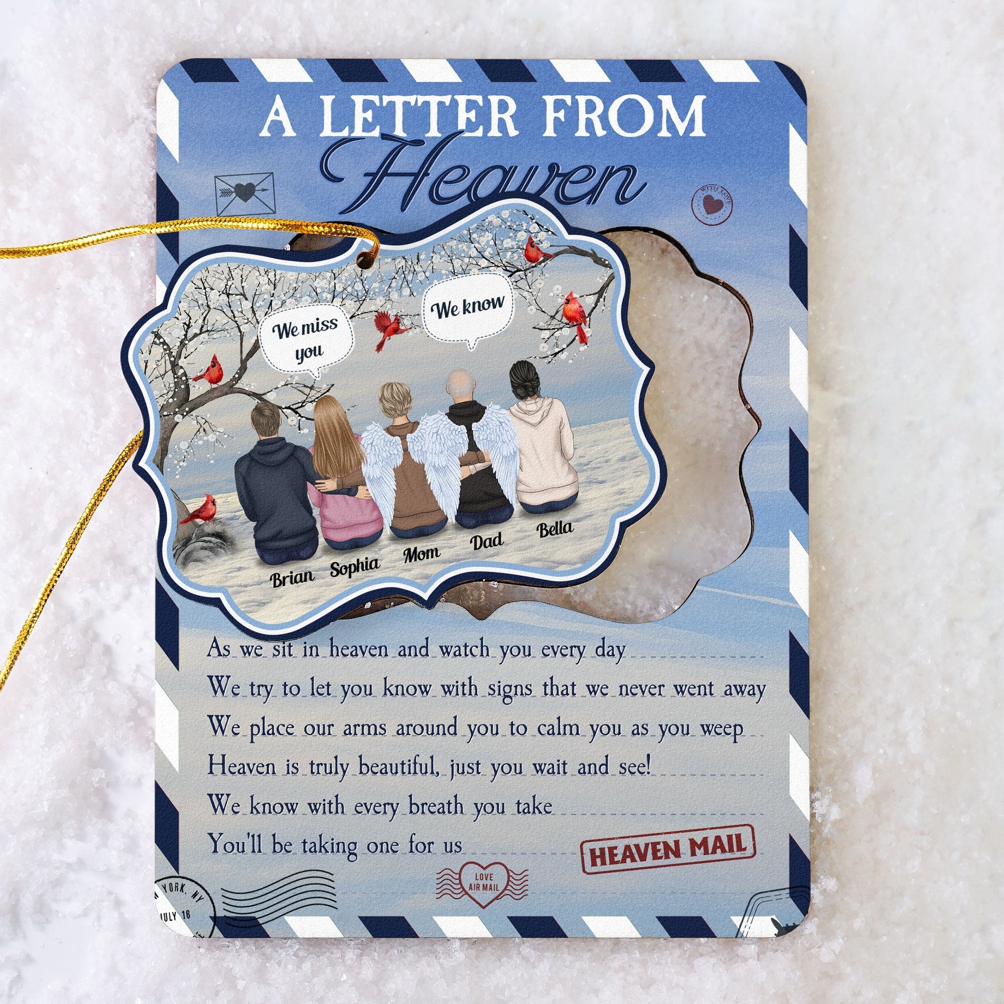 Letter From Heaven - Personalized Christmas Wooden Card With Pop Out Ornament - Memorial Gift For Brothers, Sisters, Family Members