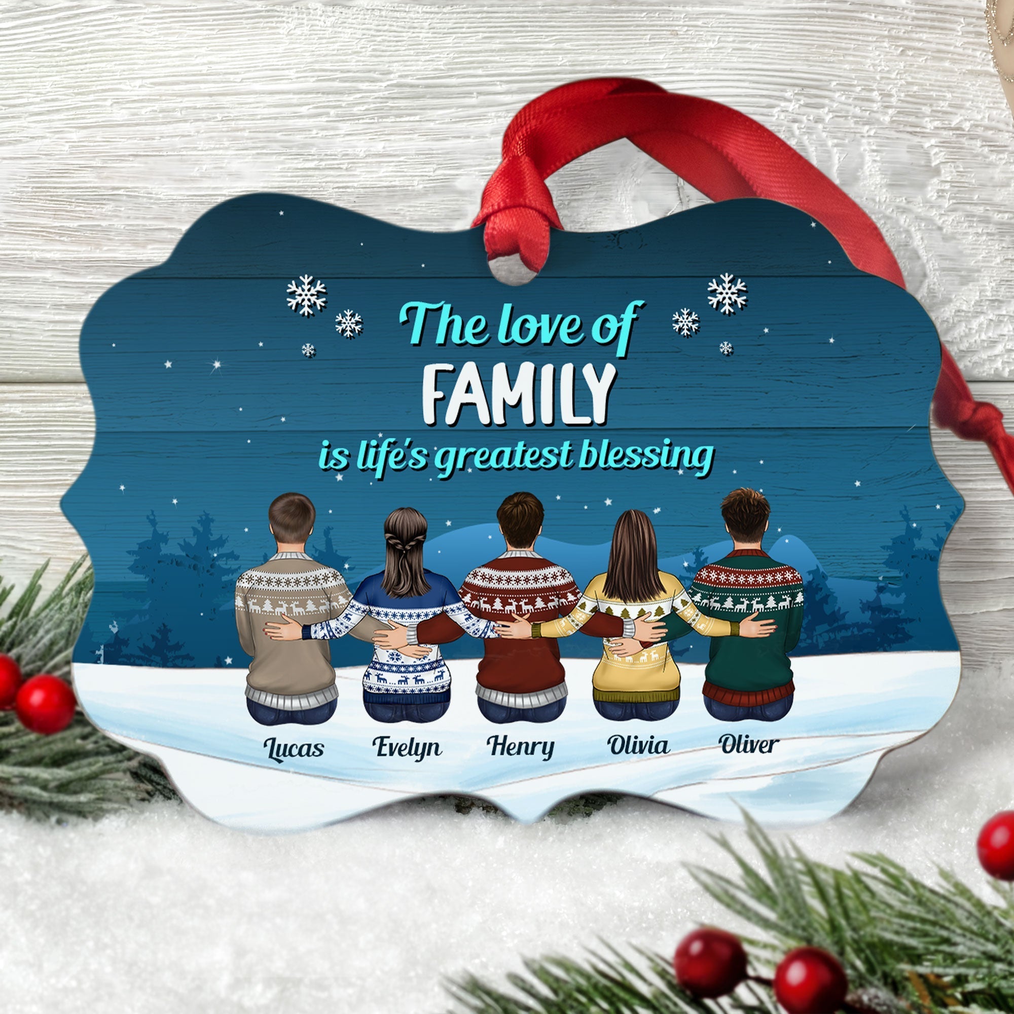Love Family Forever - Personalized Aluminum Ornament - Christmas Gift For Dad, Mom, Siblings, Sisters - Family Hugging