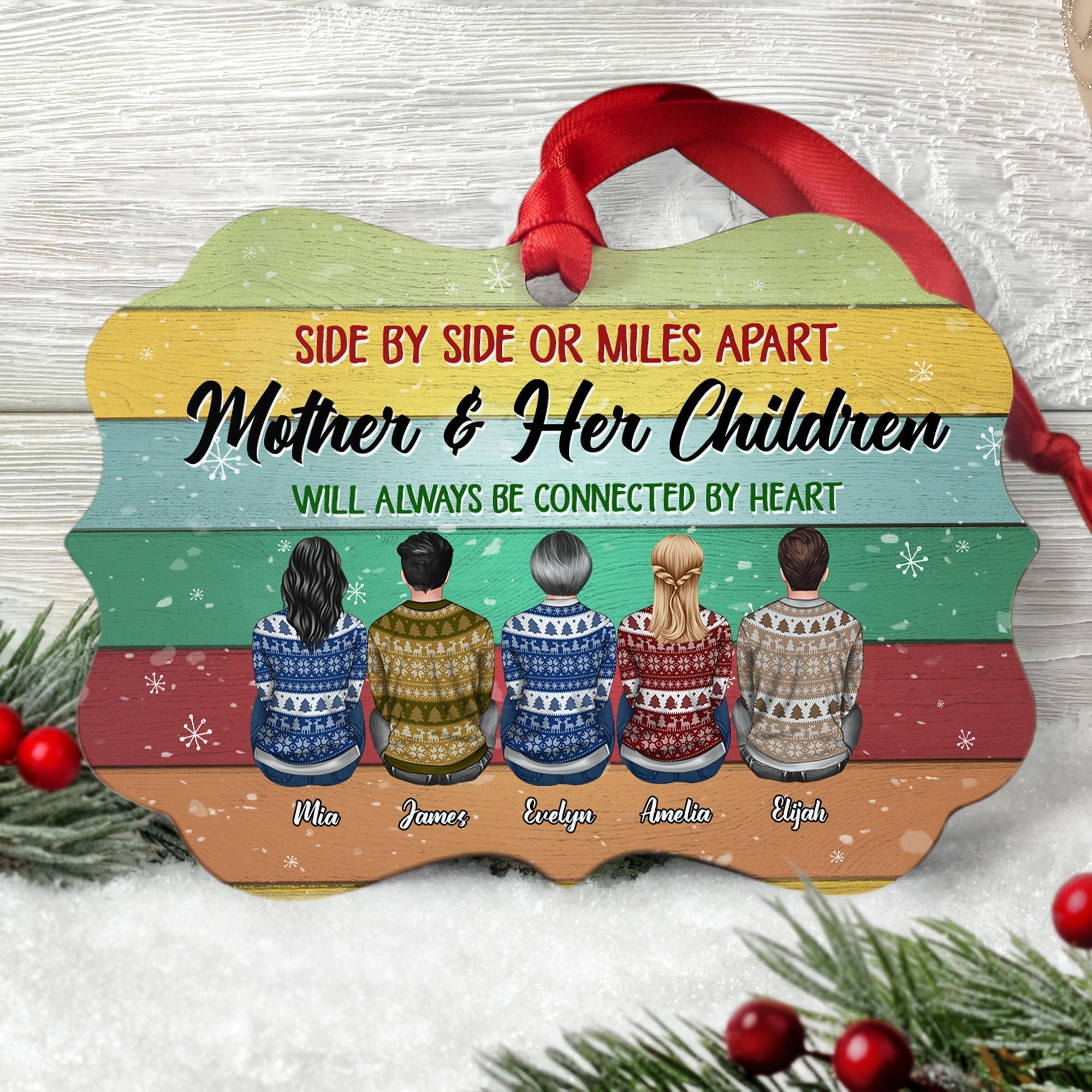 Mother And Her Children Will Always Be Connected By Heart - Personalized Aluminum Ornament - Christmas Gift Mother Ornament For Dad, Mom - Ugly Christmas Sweater Sitting