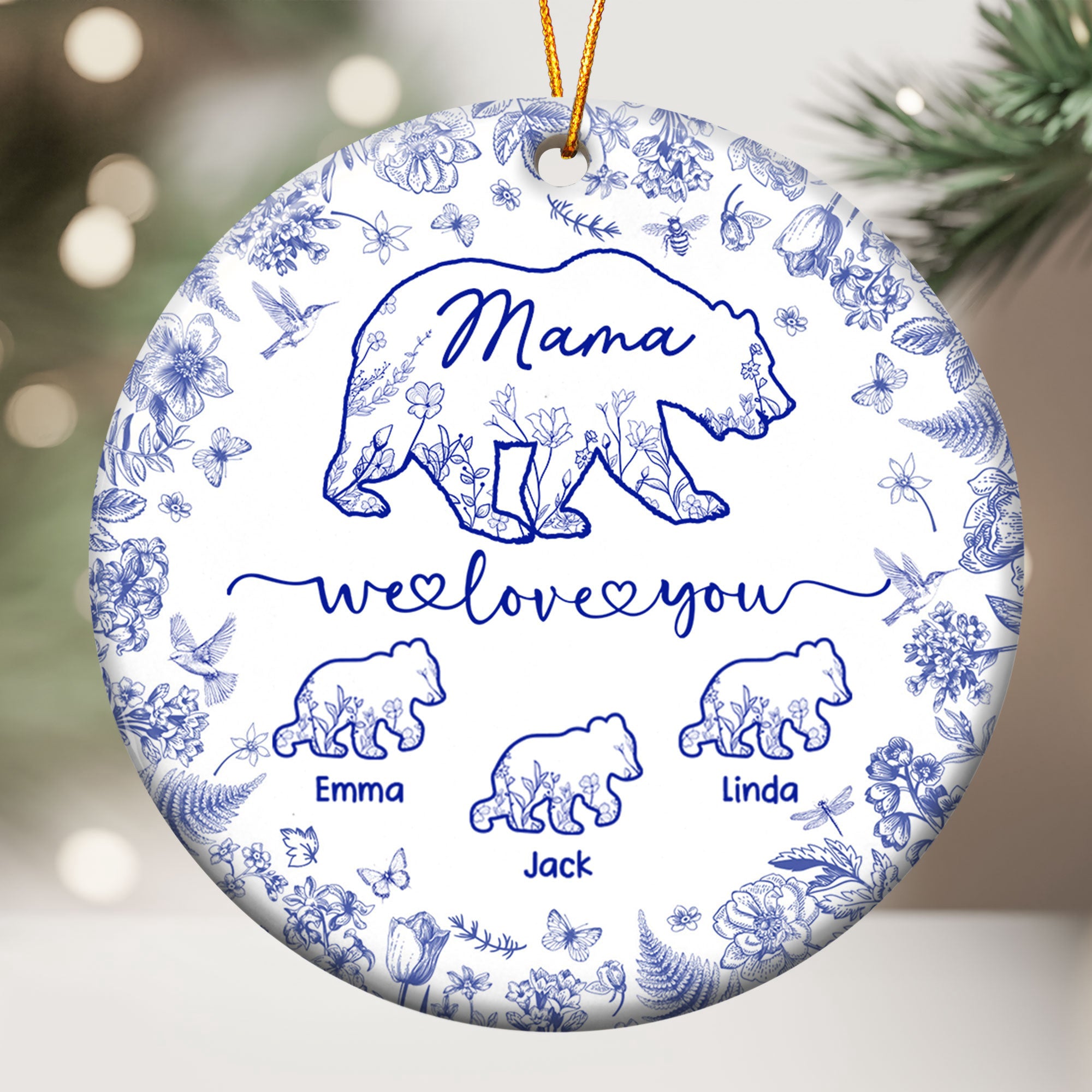 Mama Bear Toile De Jouy - Personalized Ceramic Ornament