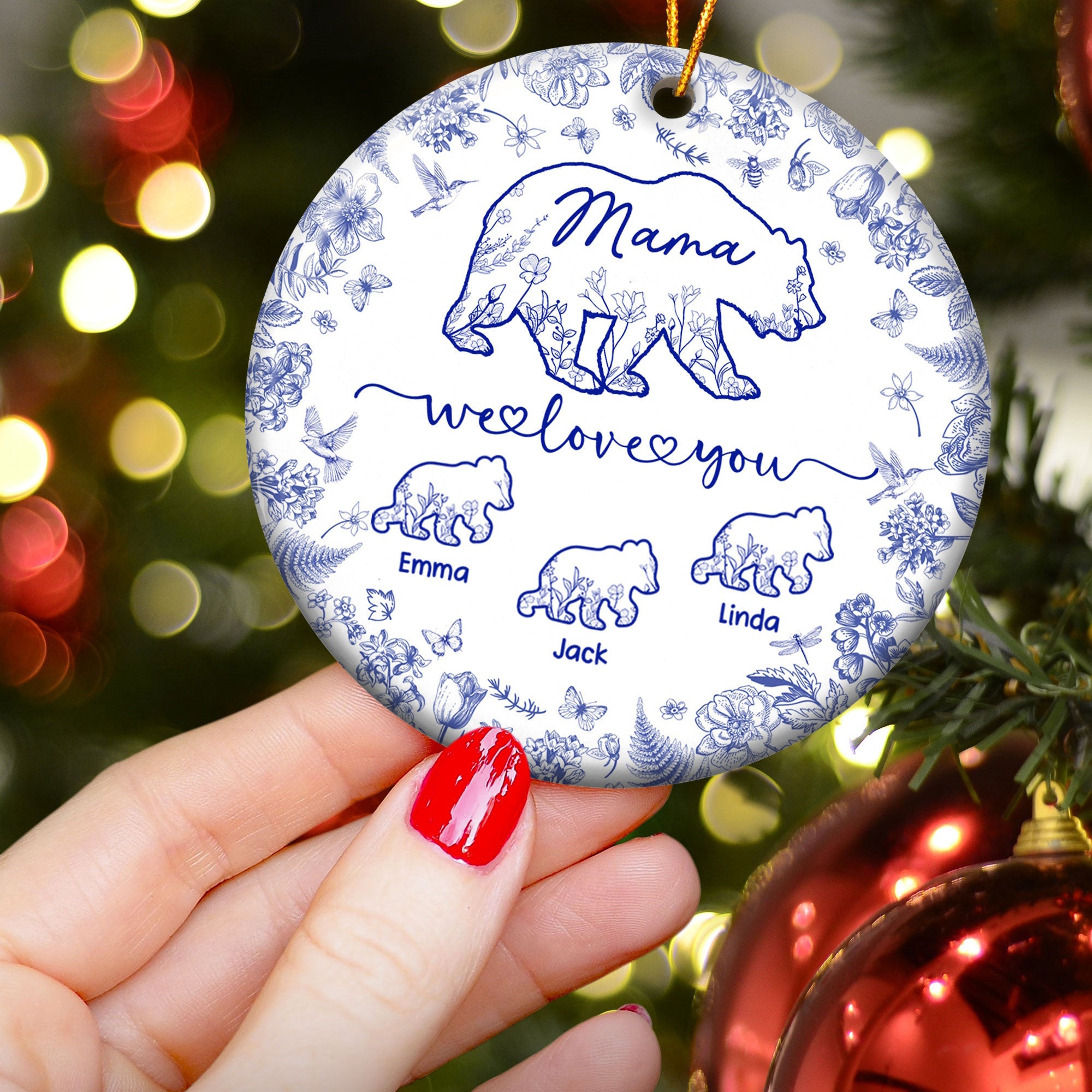 Mama Bear Toile De Jouy - Personalized Ceramic Ornament