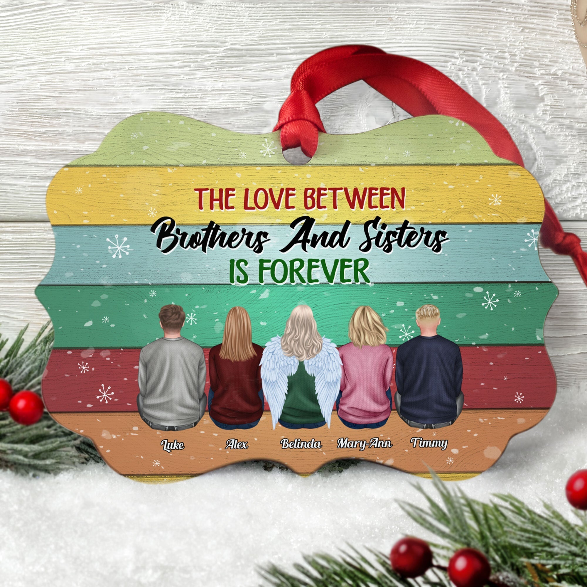 Side By Side Or Miles Apart - Personalized Aluminum Ornament - Christmas Gift For Brothers, Sisters - Ugly Christmas Sweater Sitting