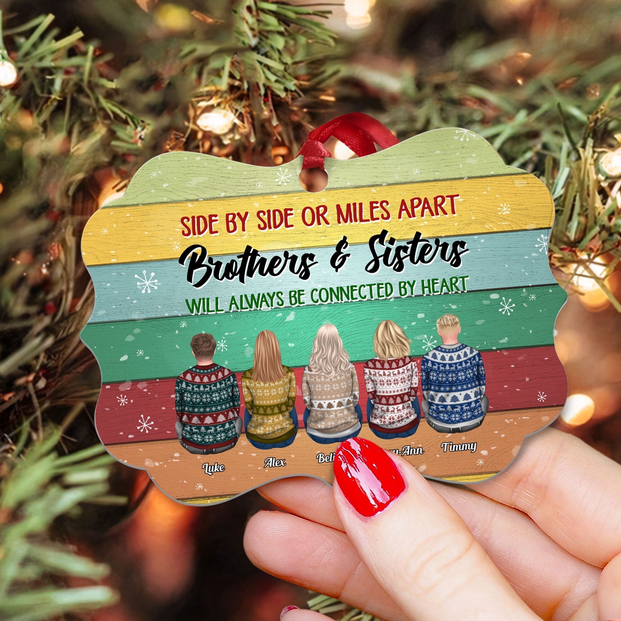 Side By Side Or Miles Apart - Personalized Aluminum Ornament - Christmas Gift For Brothers, Sisters - Ugly Christmas Sweater Sitting