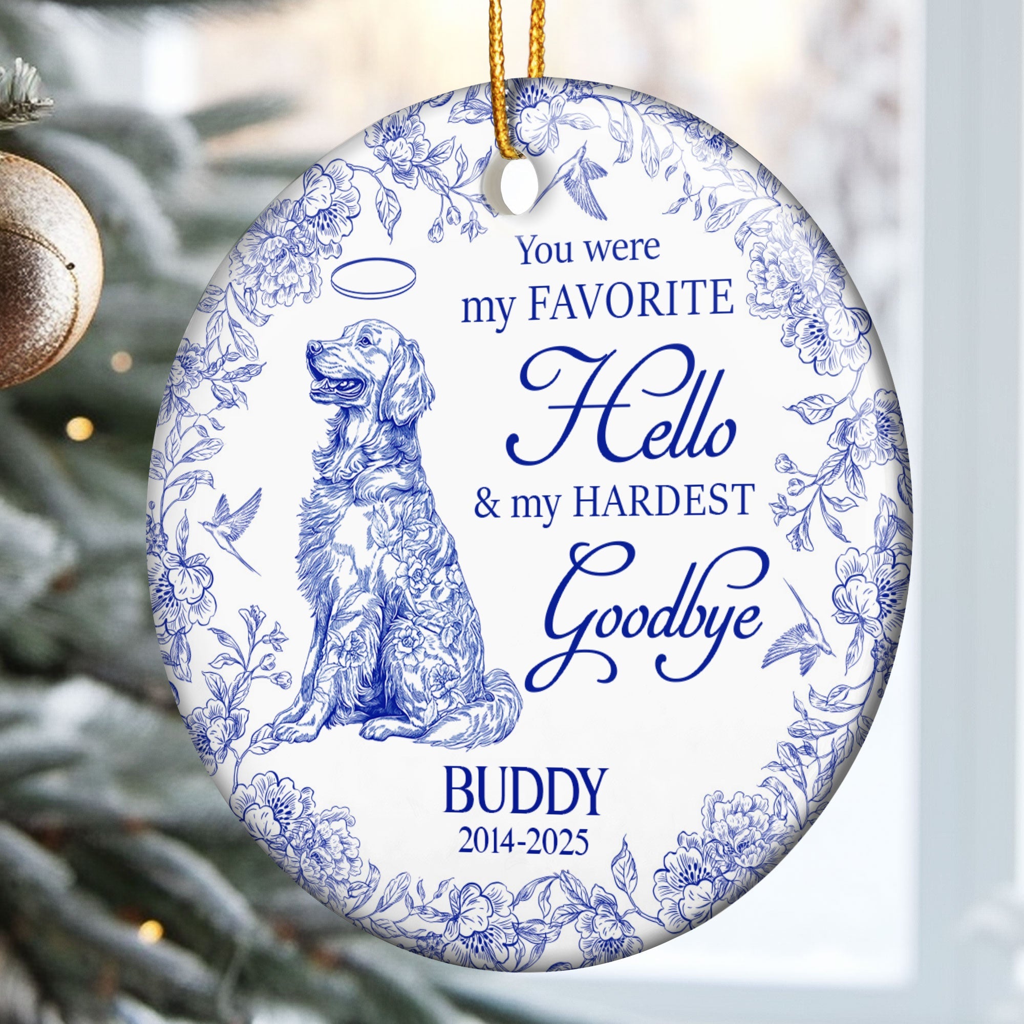 My Favorite Hello & Hardest Goodbye Toile De Jouy - Personalized Ceramic Ornament