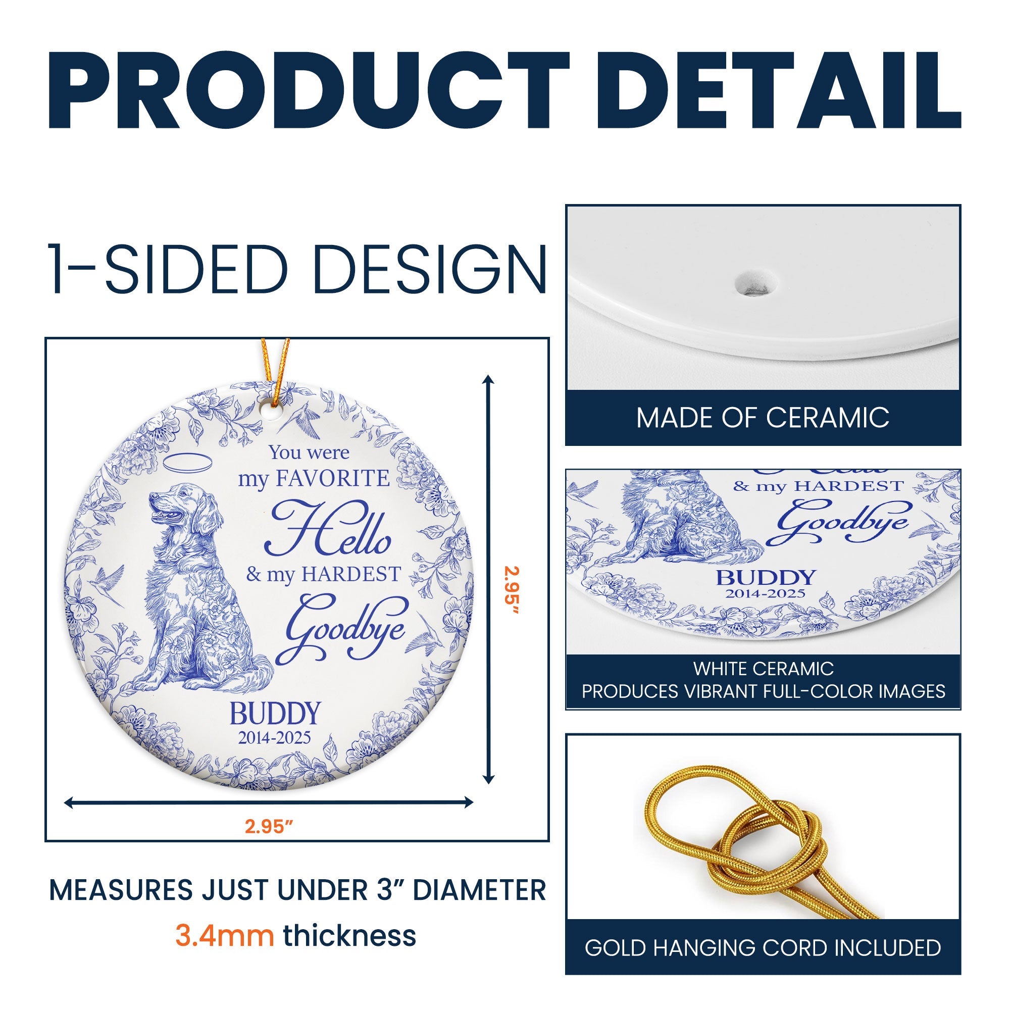 My Favorite Hello & Hardest Goodbye Toile De Jouy - Personalized Ceramic Ornament