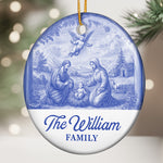 Nativity Scene Blue Toile De Jouy Christmas Holy Family - Personalized Ceramic Ornament