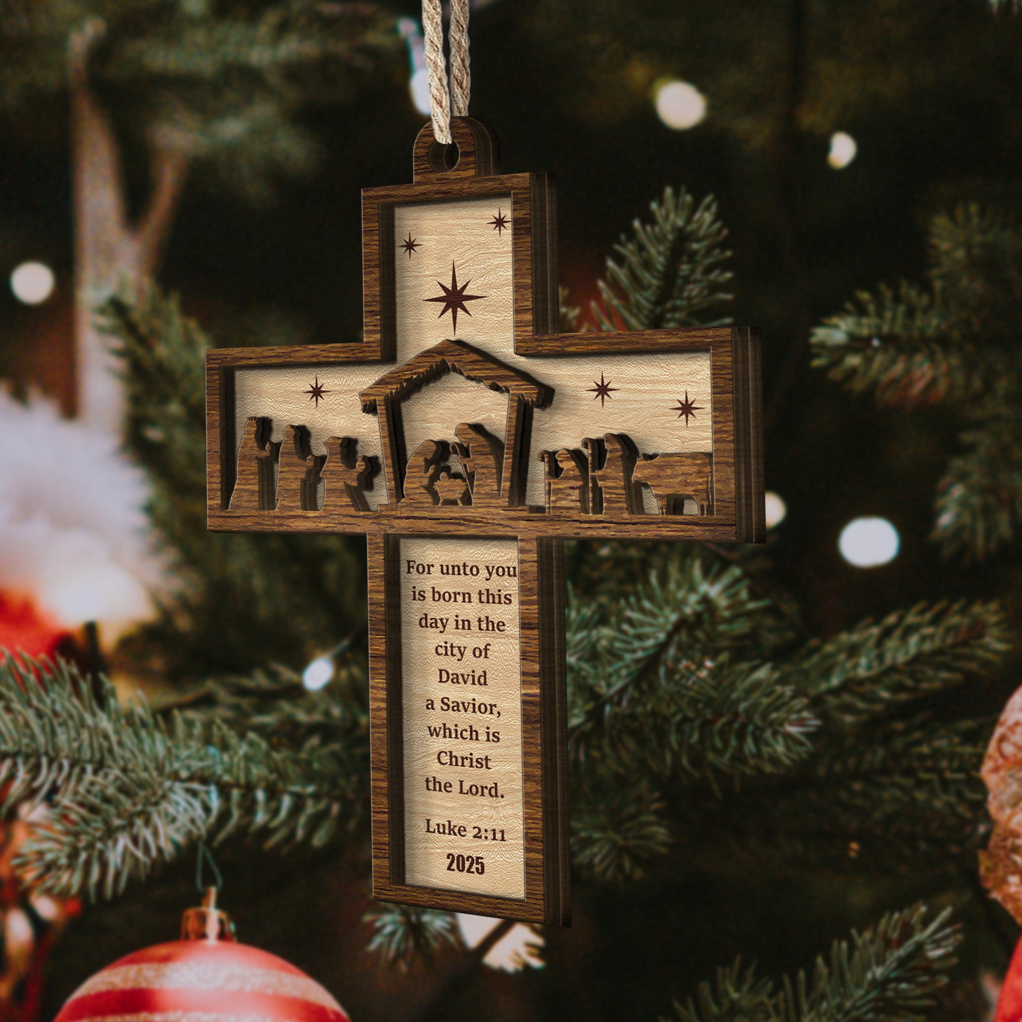 Nativity Cross Scripture Christmas Decoration - Personalized Wooden Ornament