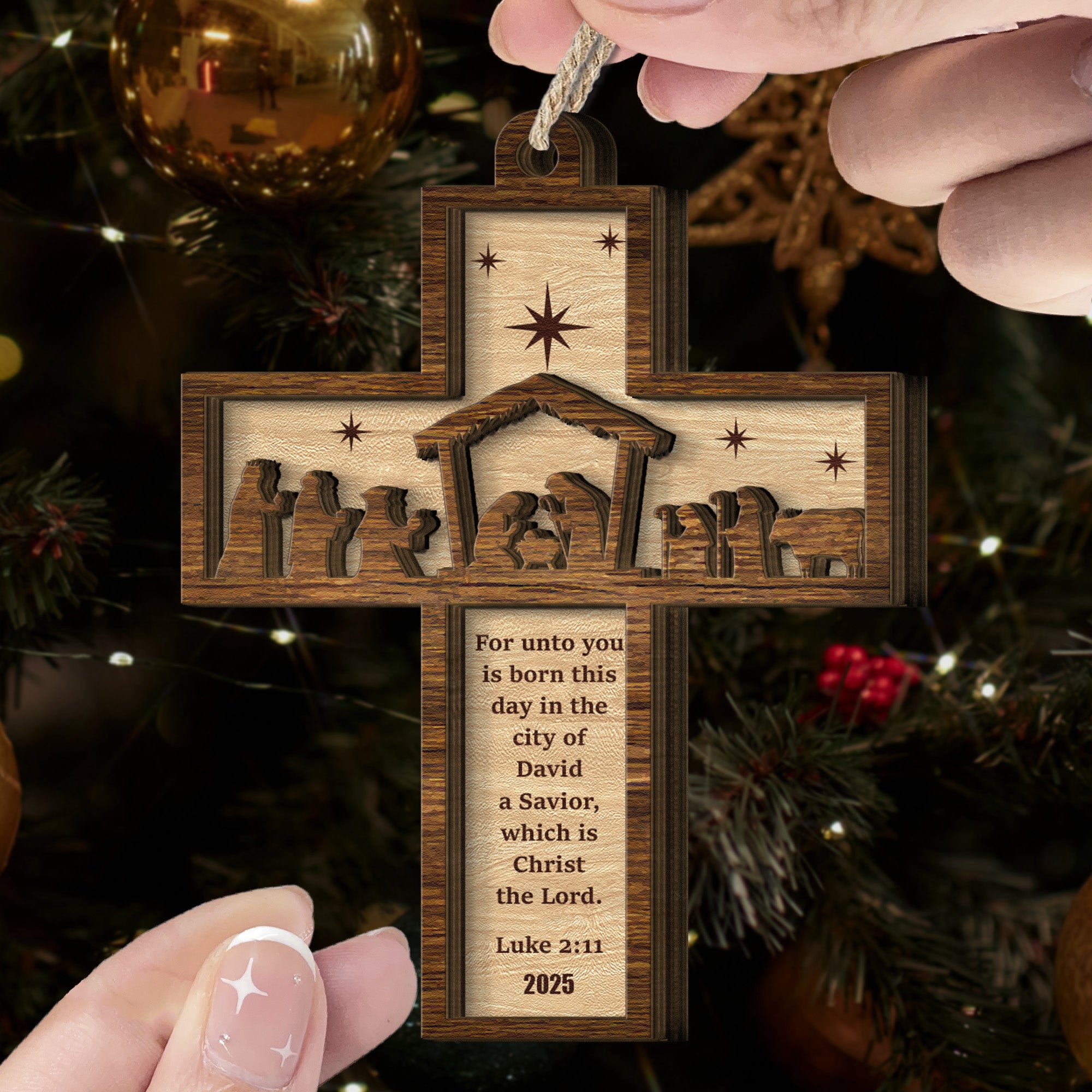 Nativity Cross Scripture Christmas Decoration - Personalized Wooden Ornament