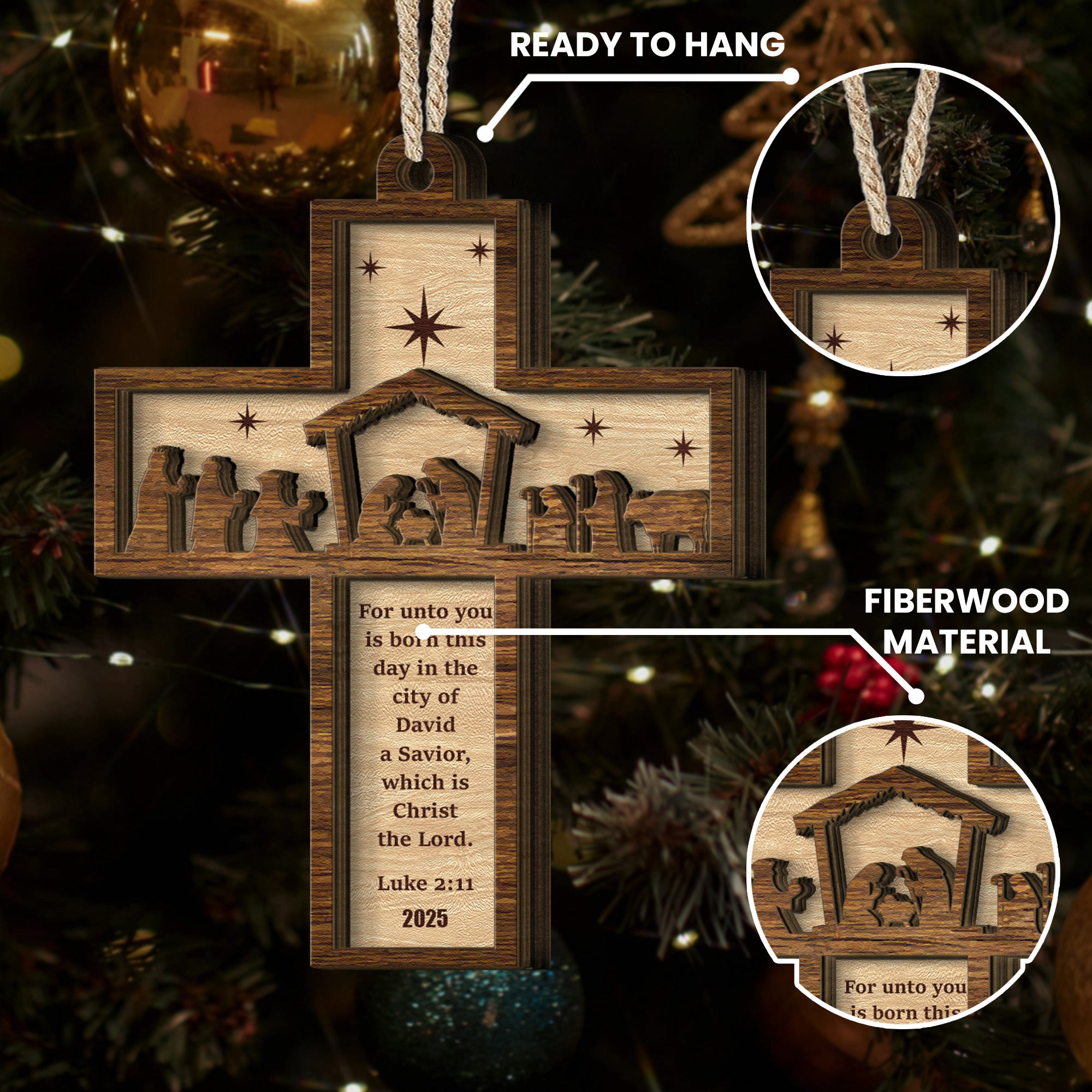 Nativity Cross Scripture Christmas Decoration - Personalized Wooden Ornament