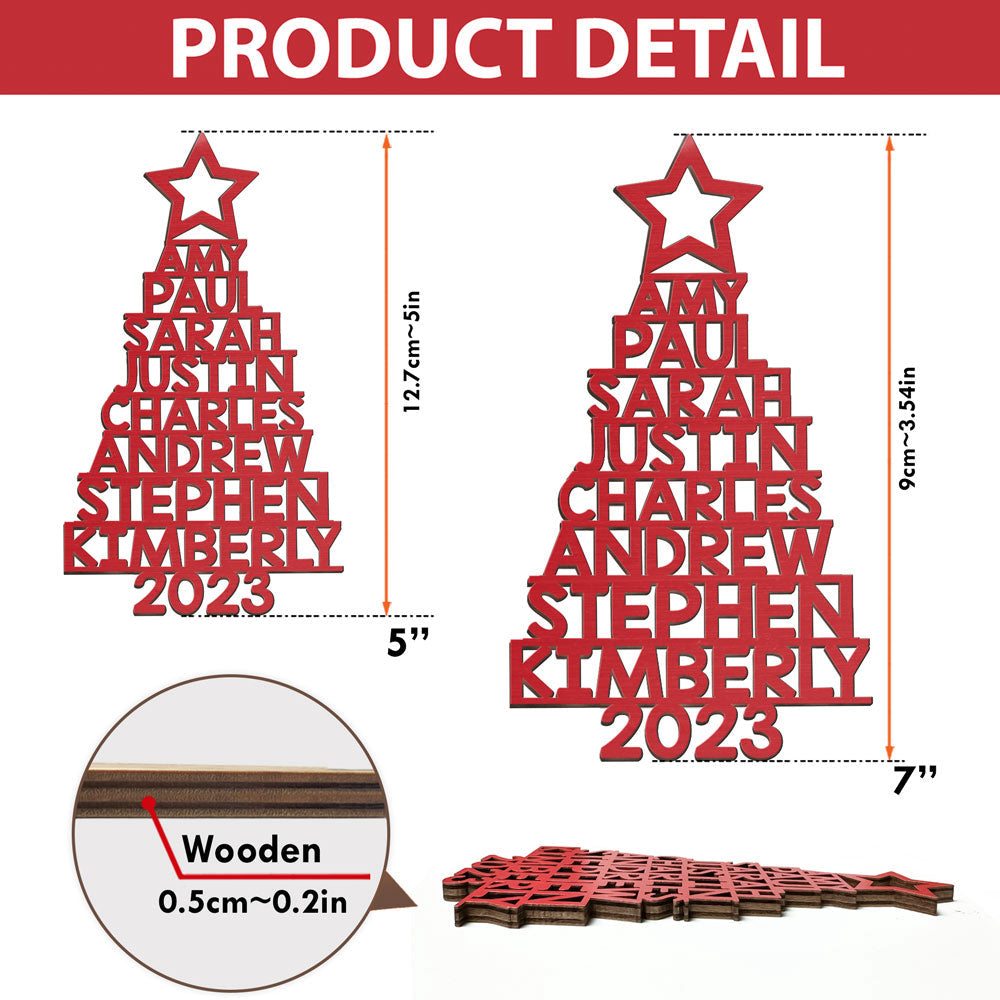 Custom Family Names 2023 Christmas Tree Ornament Up To 14 Names - Family, Group, Coworkers Wooden Shaped Ornament