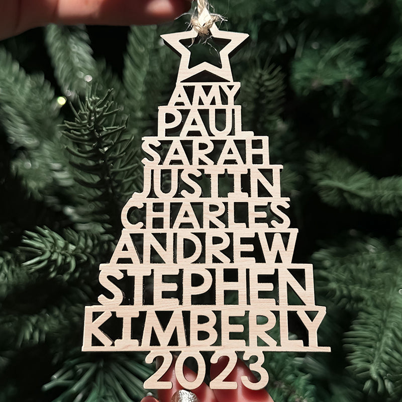 Custom Family Names 2023 Christmas Tree Ornament Up To 14 Names - Family, Group, Coworkers Wooden Shaped Ornament
