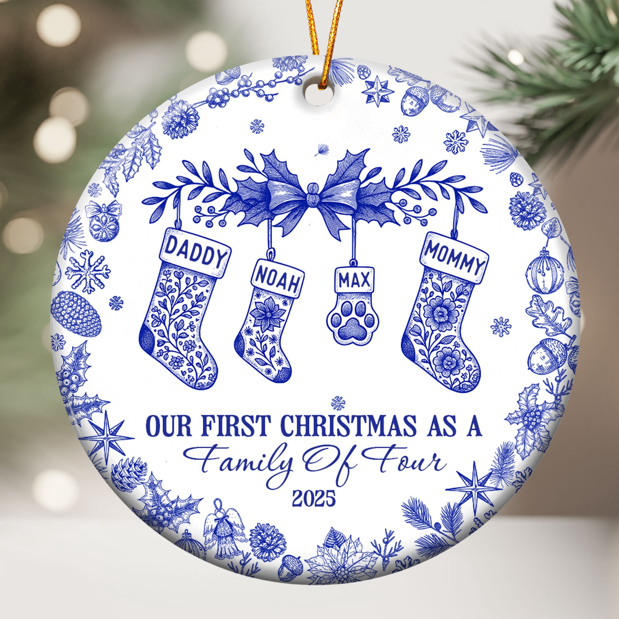 Our First Christmas As A Family Of 3,4,5,6 Toile De Jouy - Personalized Ceramic Ornament