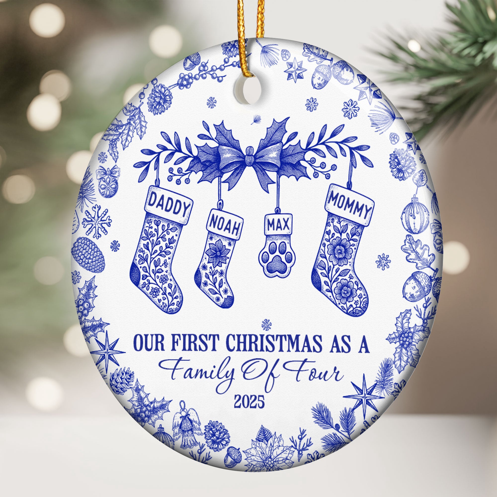 Our First Christmas As A Family Of 3,4,5,6 Toile De Jouy - Personalized Ceramic Ornament