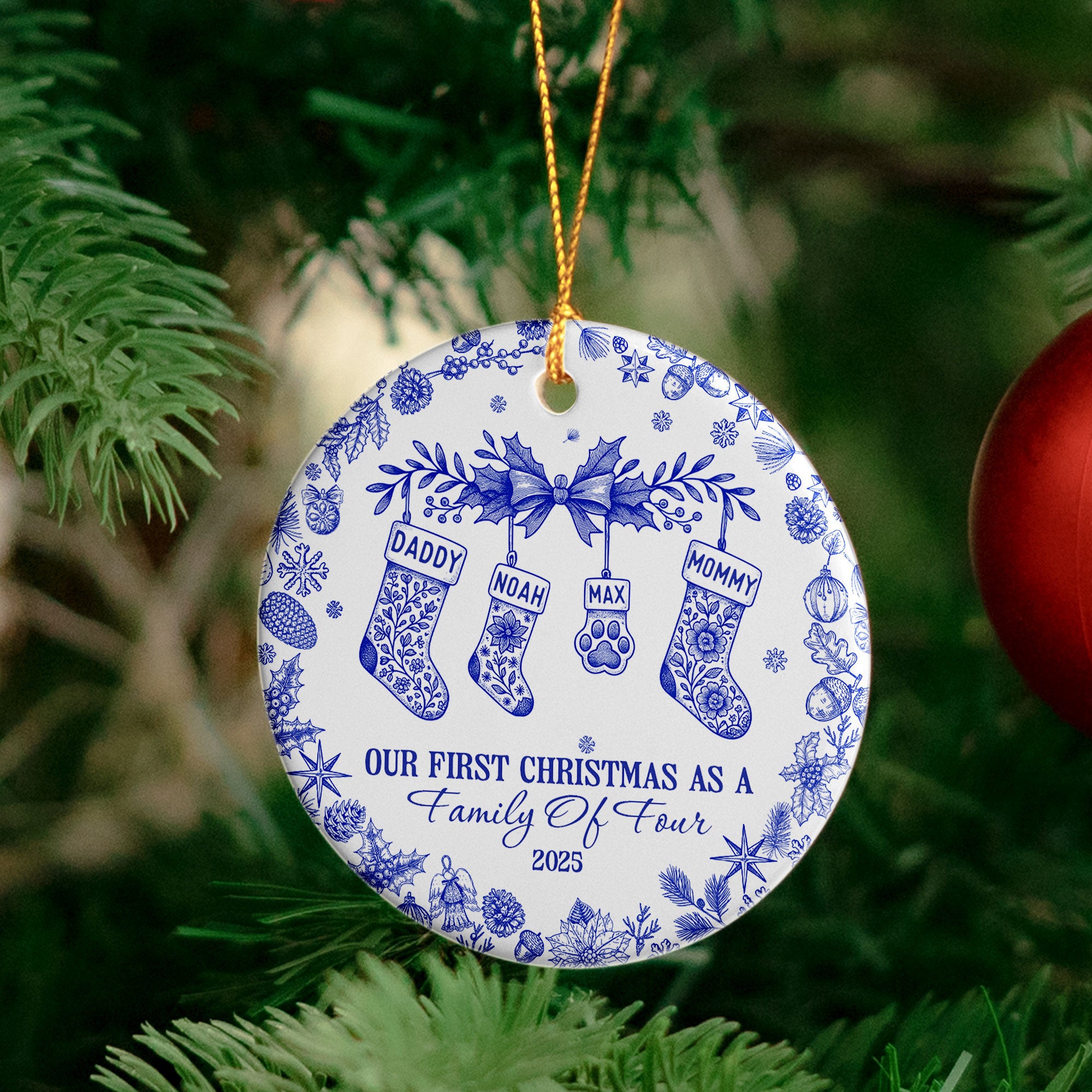 Our First Christmas As A Family Of 3,4,5,6 Toile De Jouy - Personalized Ceramic Ornament