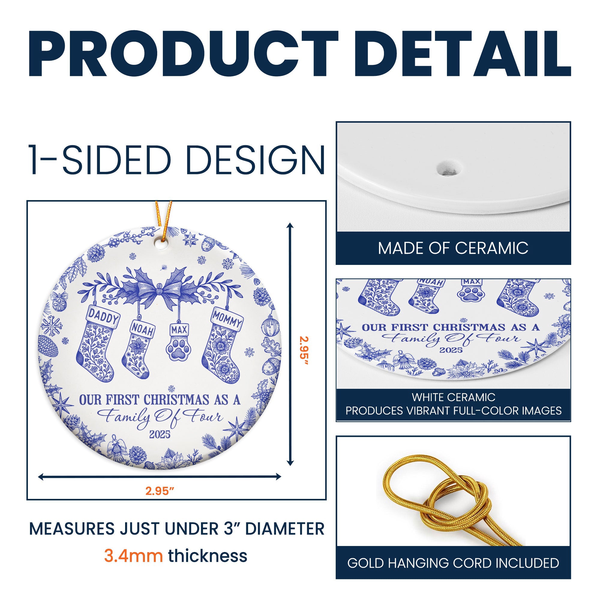 Our First Christmas As A Family Of 3,4,5,6 Toile De Jouy - Personalized Ceramic Ornament