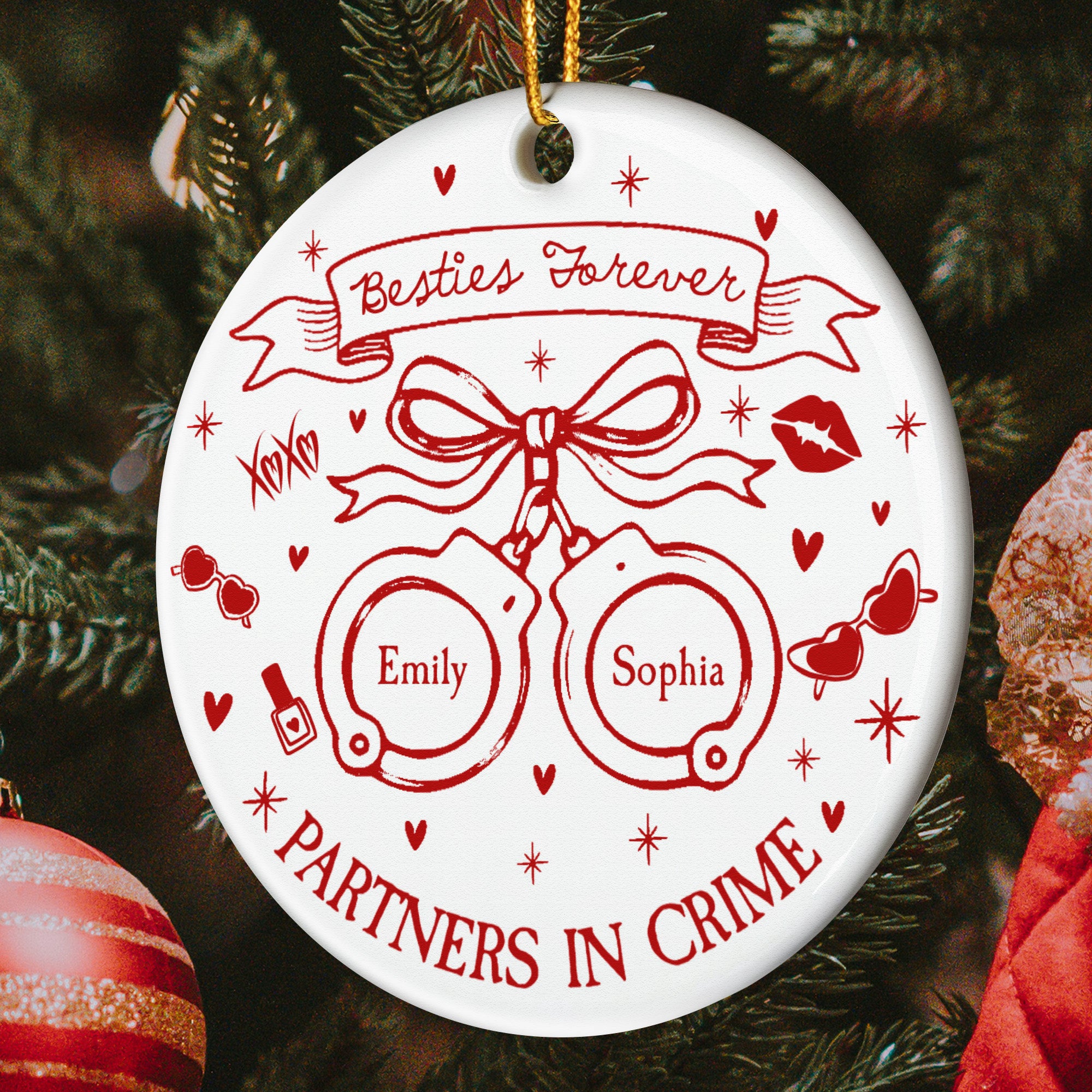 Partners In Crime Besties Forever Coquette Style - Personalized Ceramic Ornament