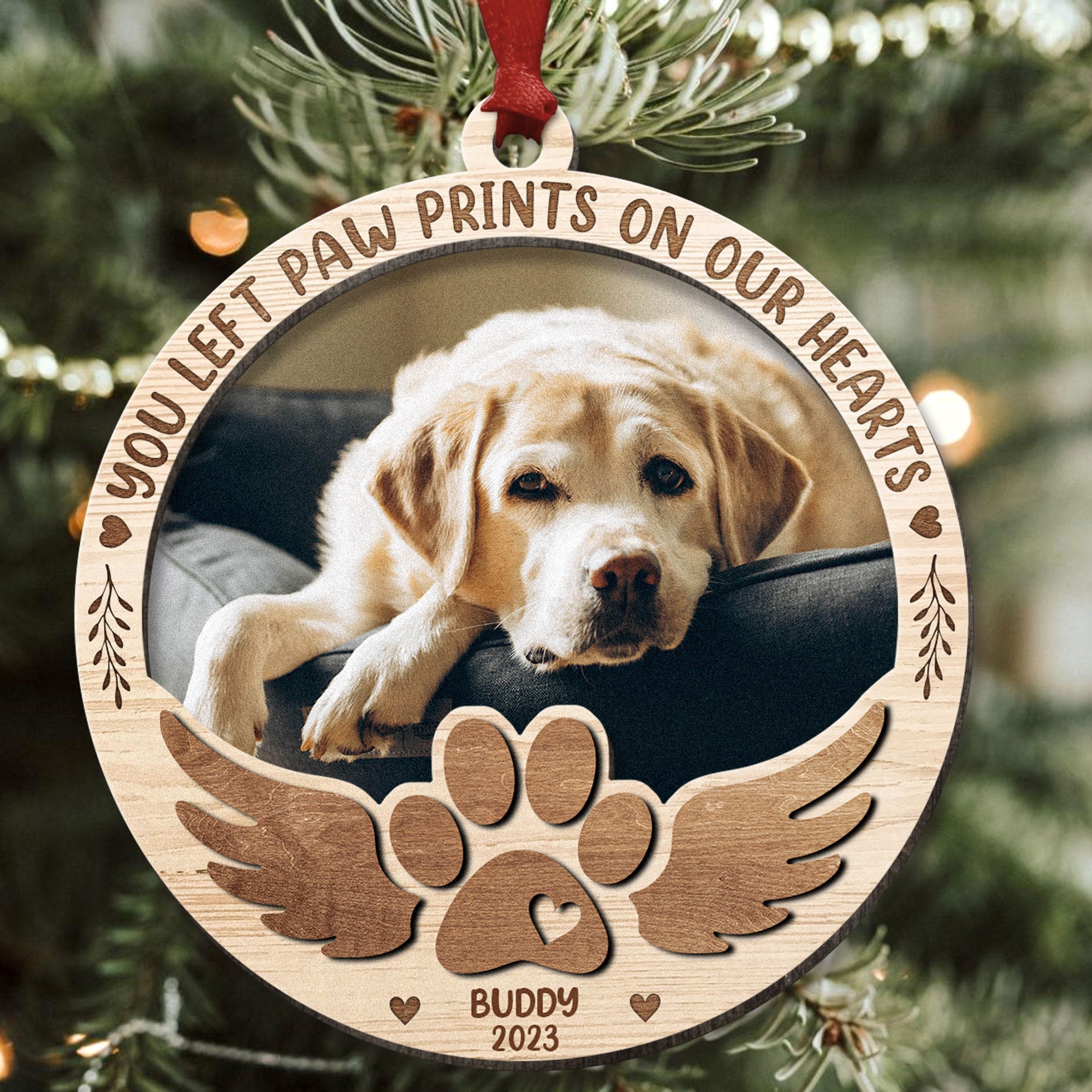 Paw Prints On My Heart - Personalized 2 Layers Wooden Photo Ornament