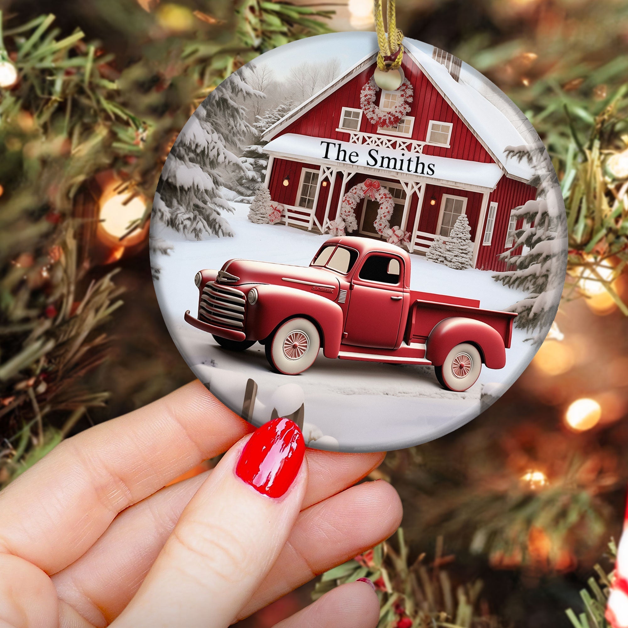 Red Barn, Red Truck Christmas - Personalized Ceramic Ornament