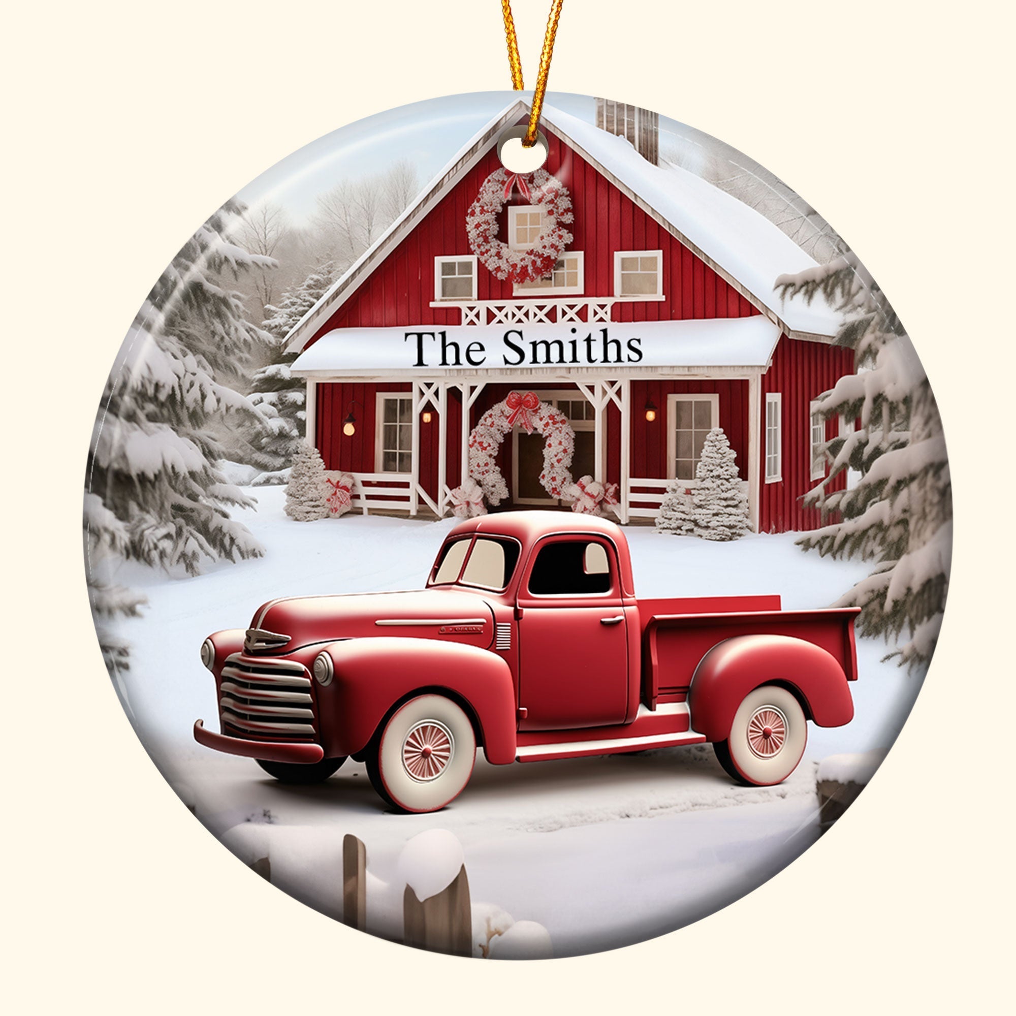 Red Barn, Red Truck Christmas - Personalized Ceramic Ornament
