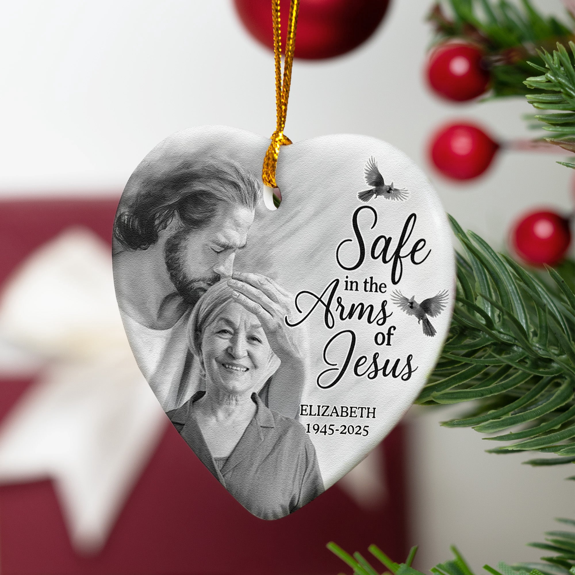 Safe In The Arm Of Jesus - Personalized Ceramic Photo Ornament