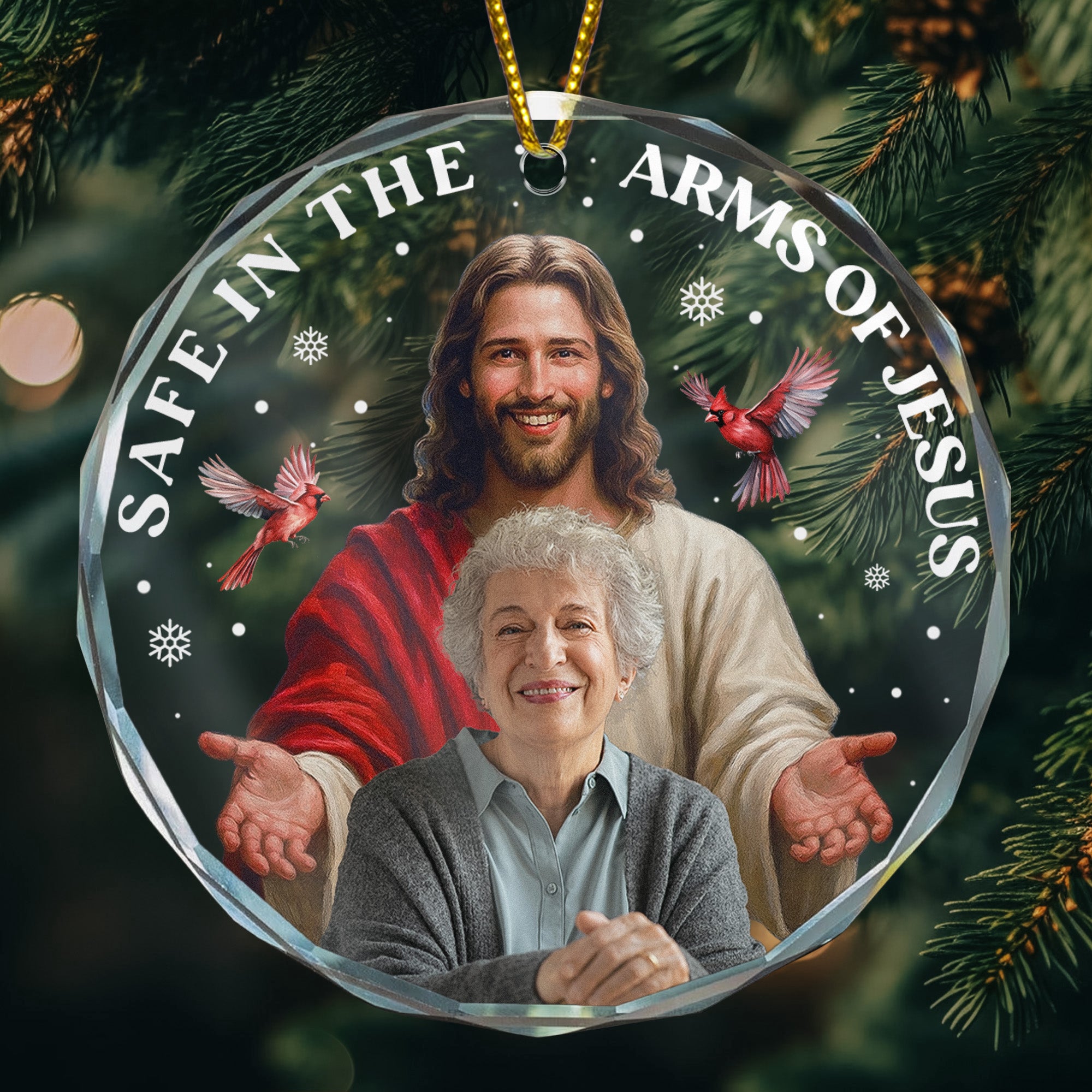 Safe In The Arms Of Jesus Memorial Christmas Ornament - Personalized Glass Photo Ornament