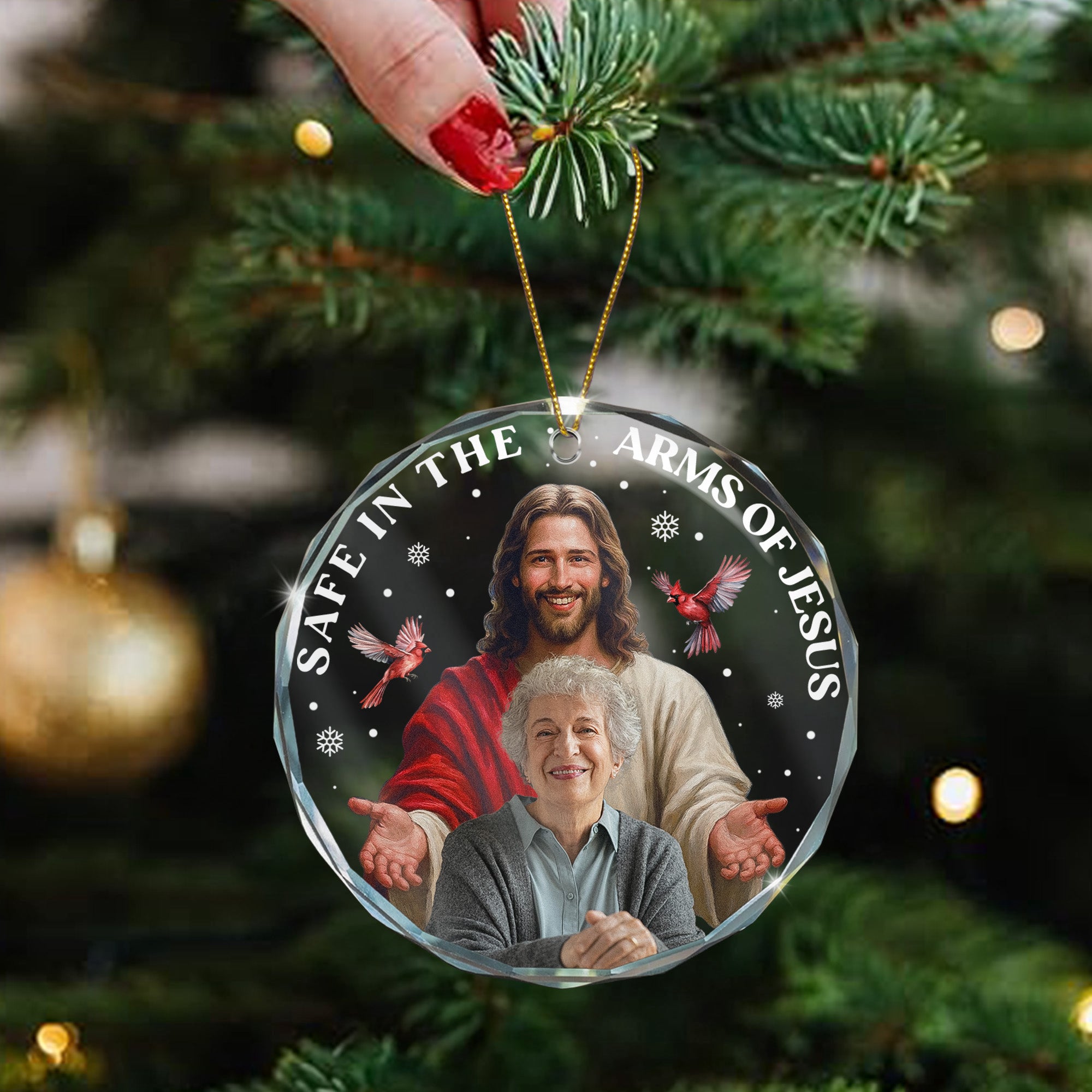 Safe In The Arms Of Jesus Memorial Christmas Ornament - Personalized Glass Photo Ornament