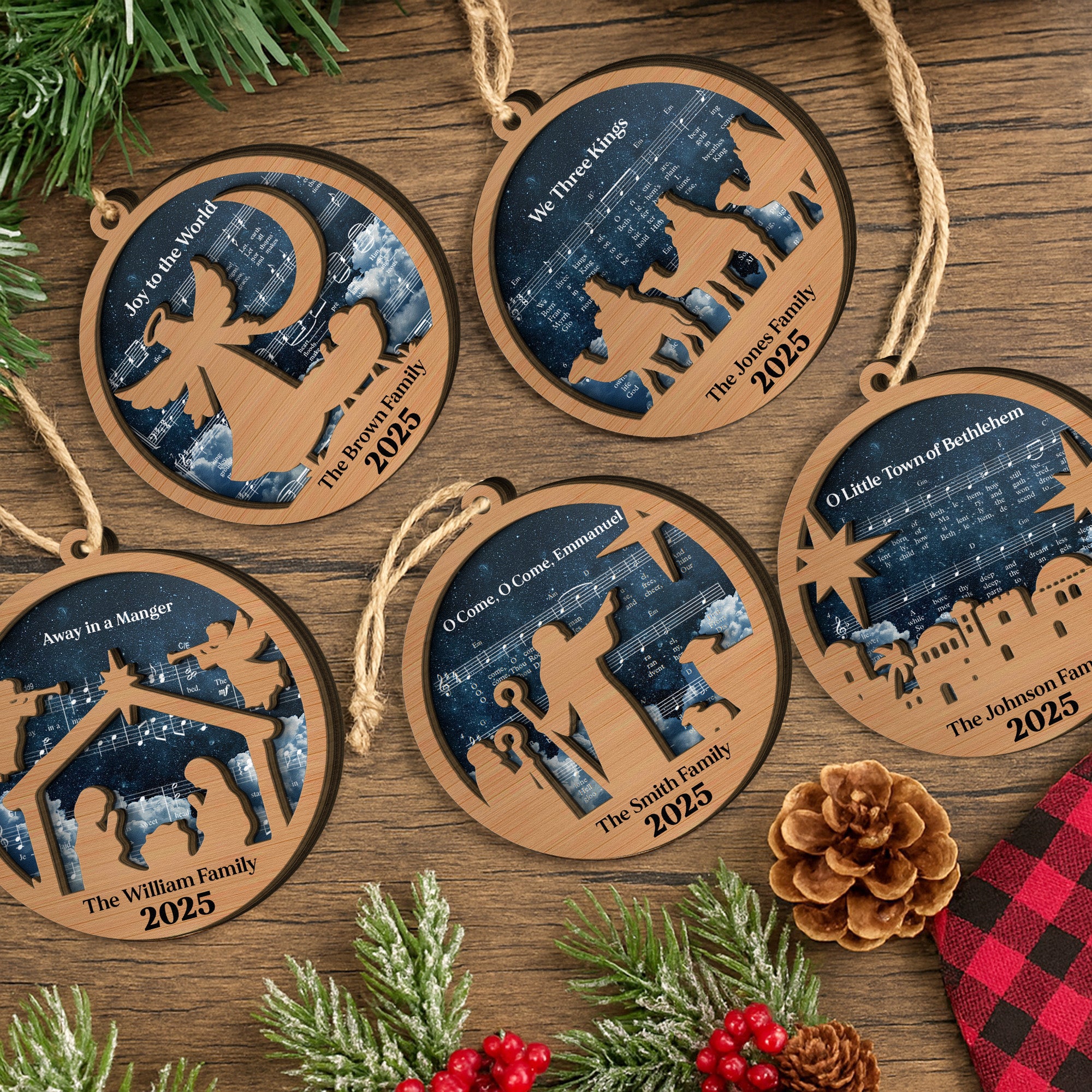 Set Of 5 Pieces Nativity Christmas With Music Sheet - Personalized Wooden Ornament
