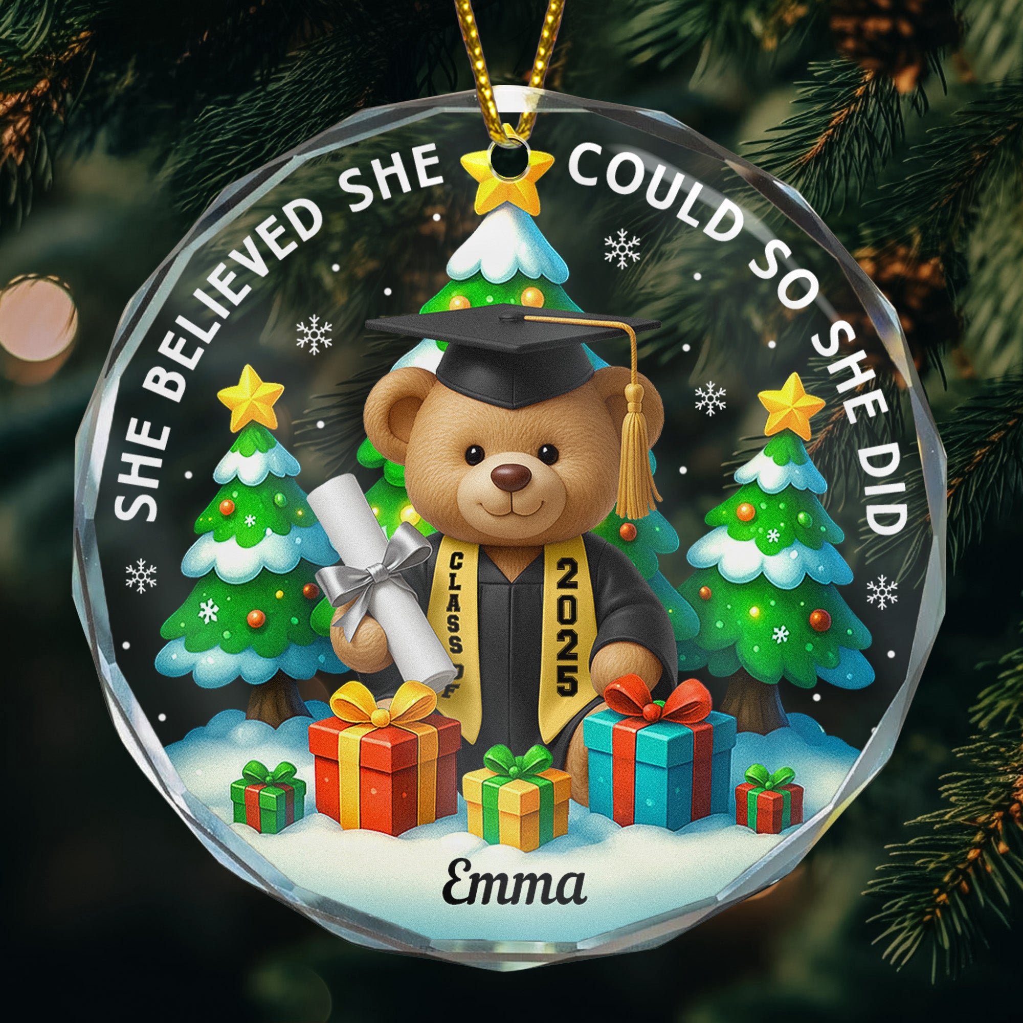 She Believed She Could So She Did - Graduation Bear - Personalized Glass Ornament