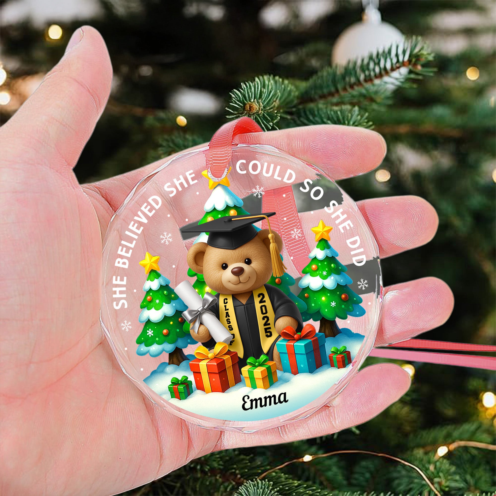 She Believed She Could So She Did - Graduation Bear - Personalized Glass Ornament