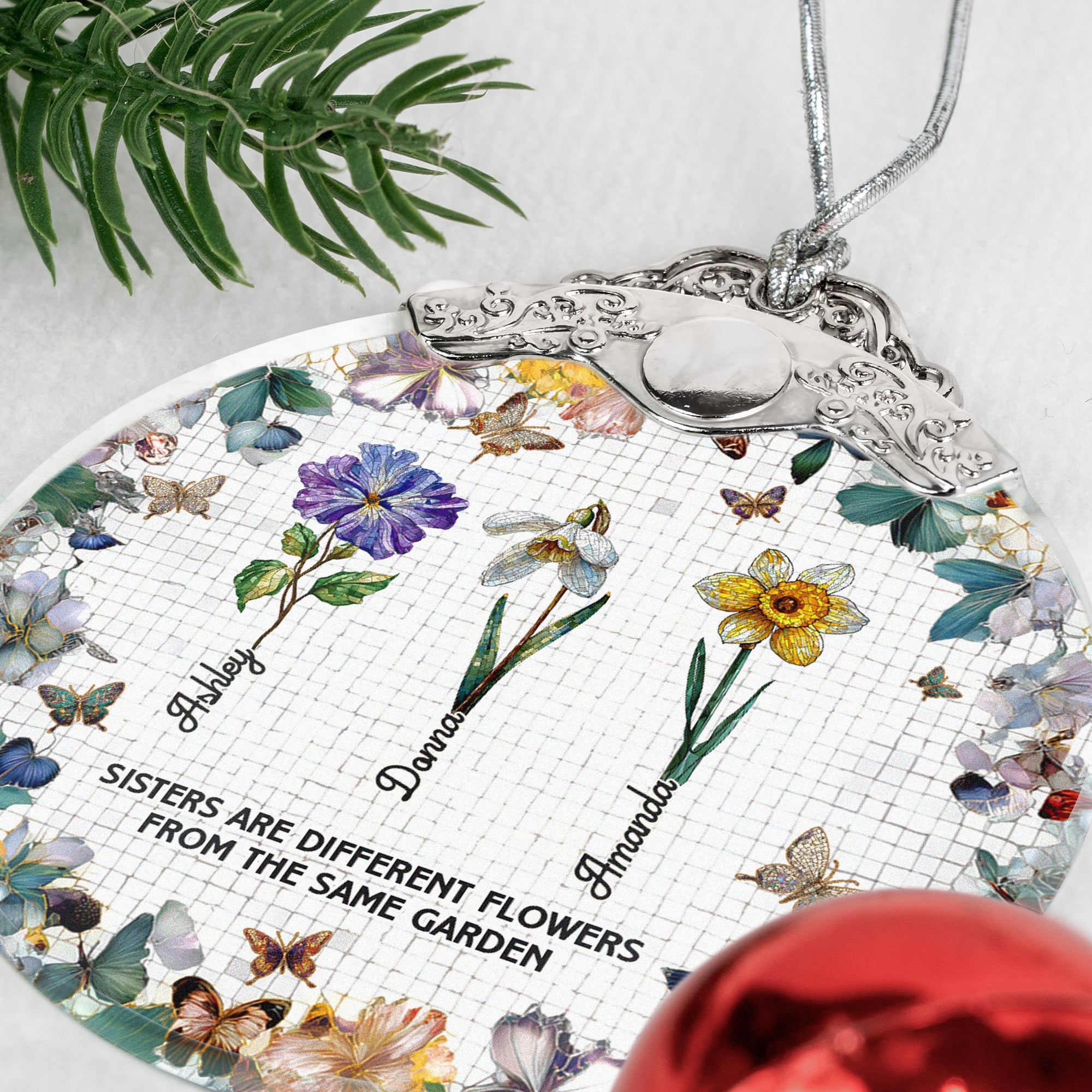 Sisters Are Different Flowers Mosaic Style - Personalized Glass Ornament With Silver Cap